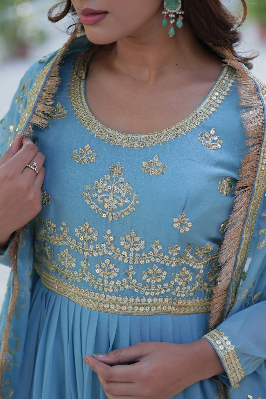 Vedant Vastram Heavy Embroidery & Sequins Work Pure Georgette Gown With Dupatta - Sky Blue