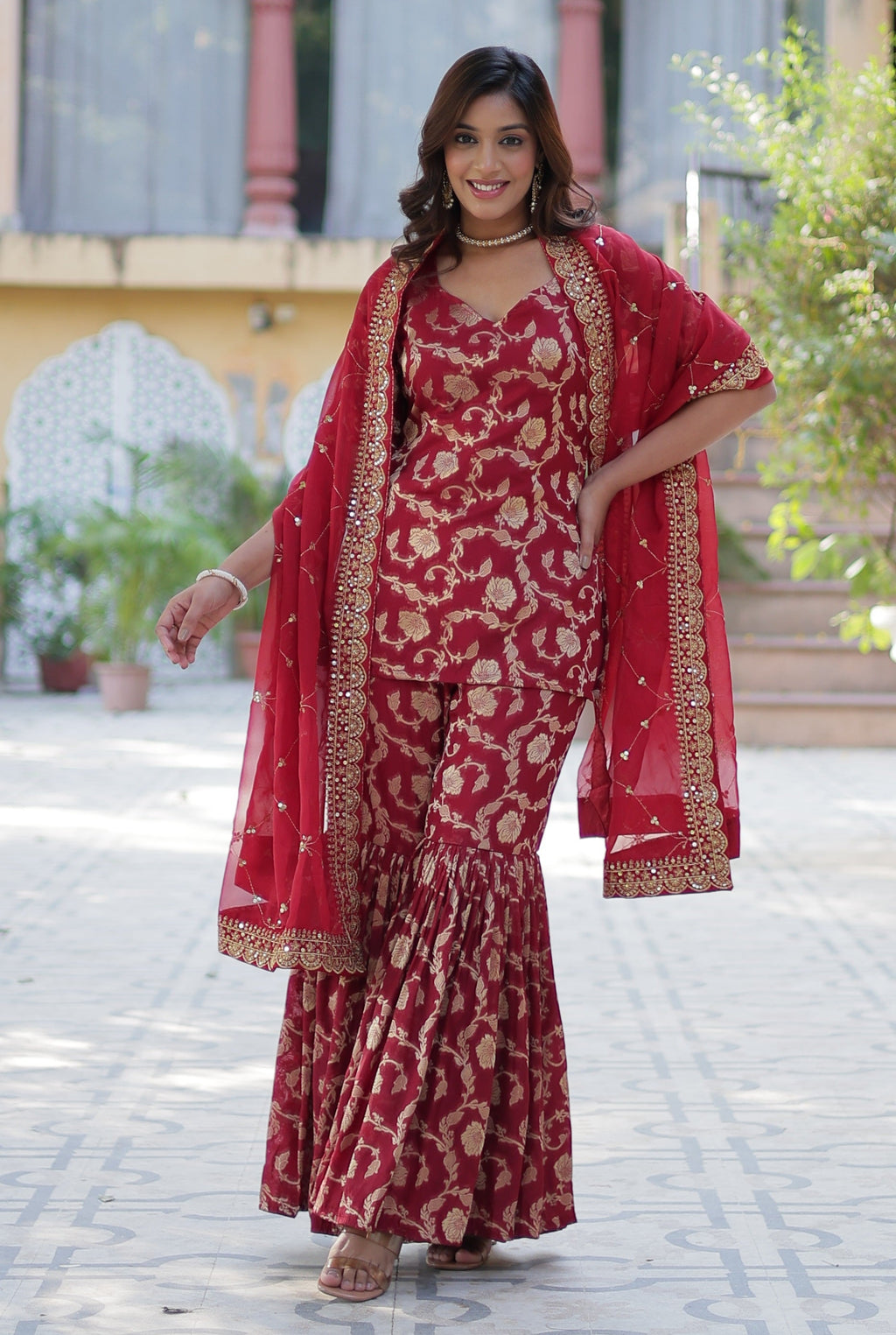 Vedant Vastram Heavy Embroidery & Sequins Work Pure Georgette Top Sharara Set With Dupatta - Maroon