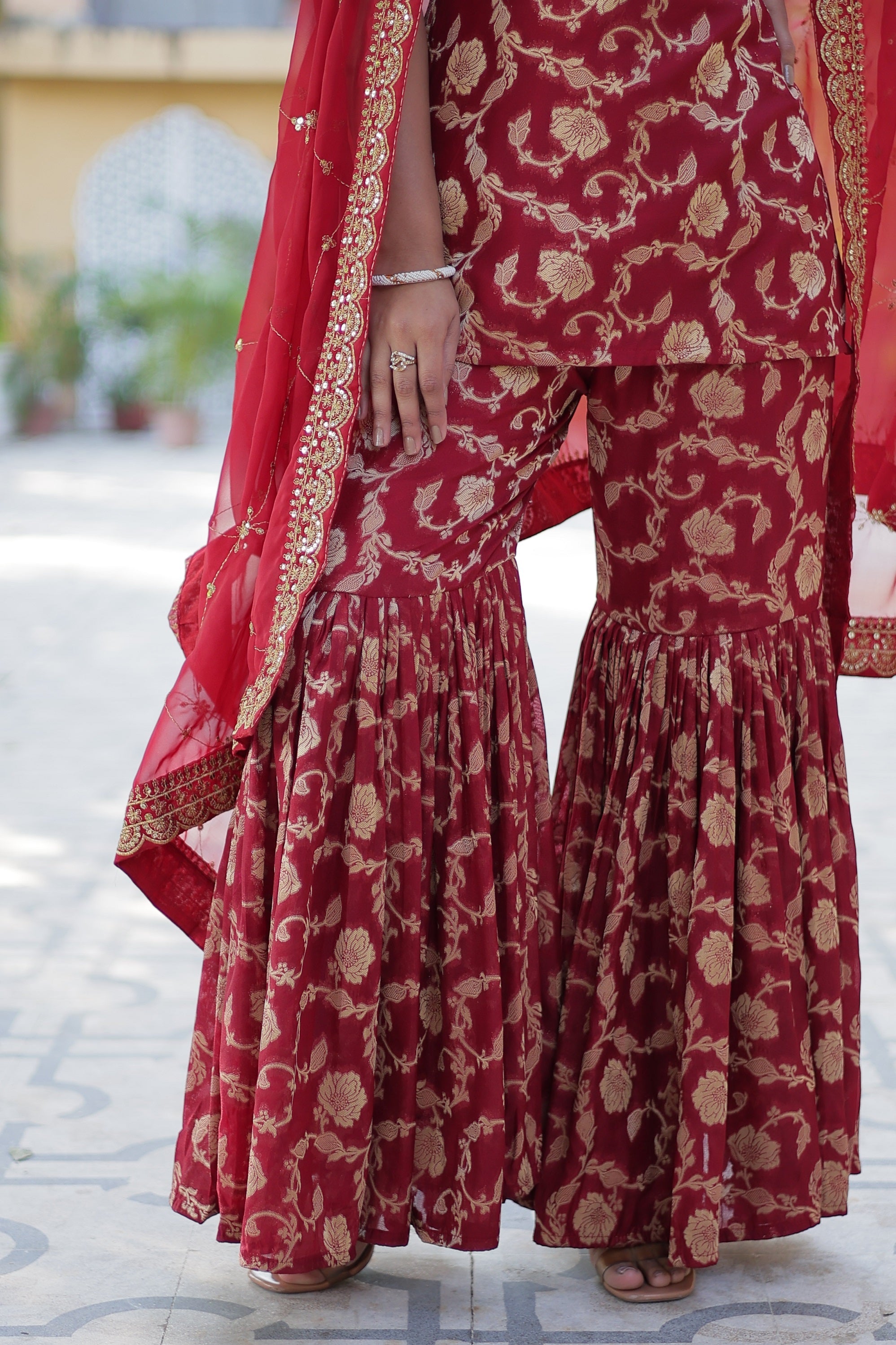 Vedant Vastram Heavy Embroidery & Sequins Work Pure Georgette Top Sharara Set With Dupatta - Maroon