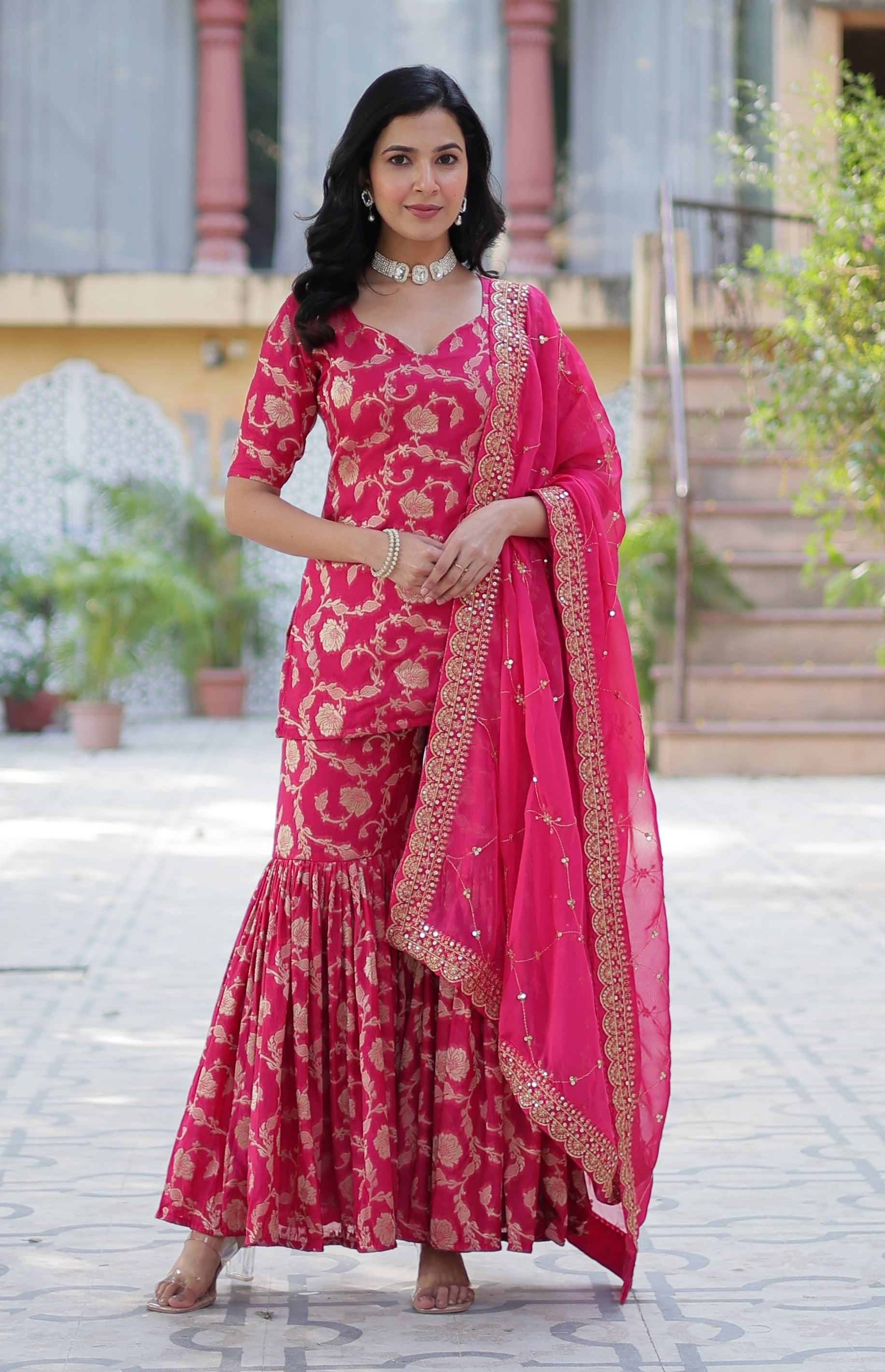 Vedant Vastram Heavy Embroidery & Sequins Work Pure Georgette Top Sharara Set With Dupatta - Pink