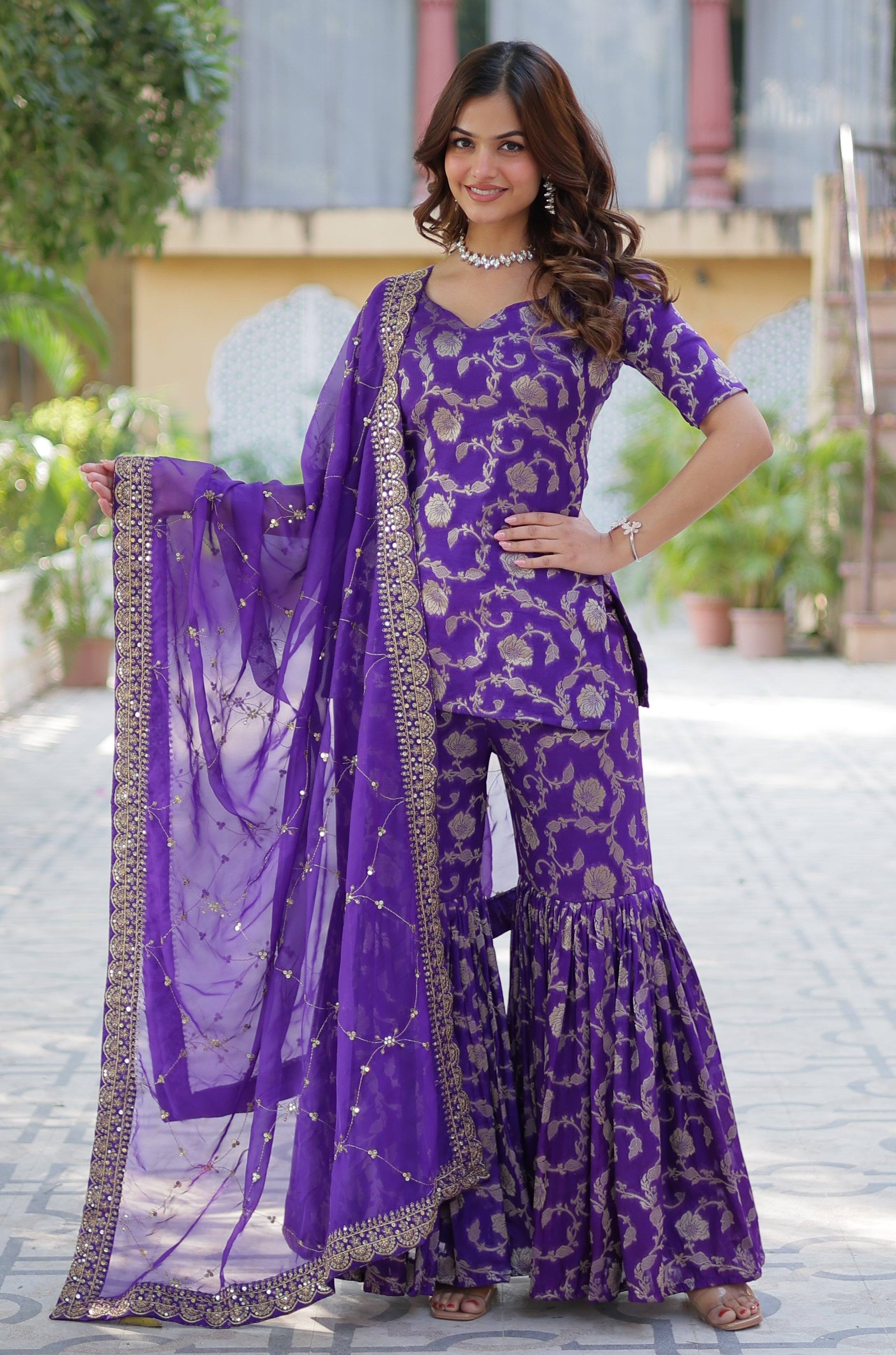 Vedant Vastram Heavy Embroidery & Sequins Work Pure Georgette Top Sharara Set With Dupatta - Violet