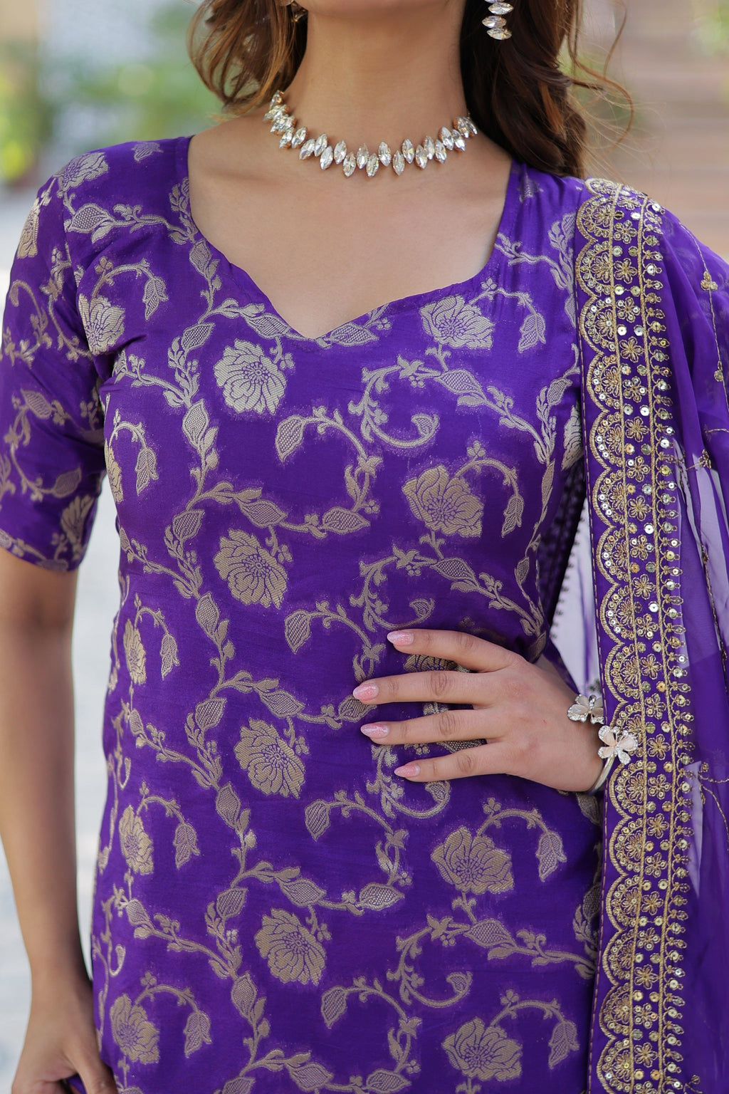 Vedant Vastram Heavy Embroidery & Sequins Work Pure Georgette Top Sharara Set With Dupatta - Violet