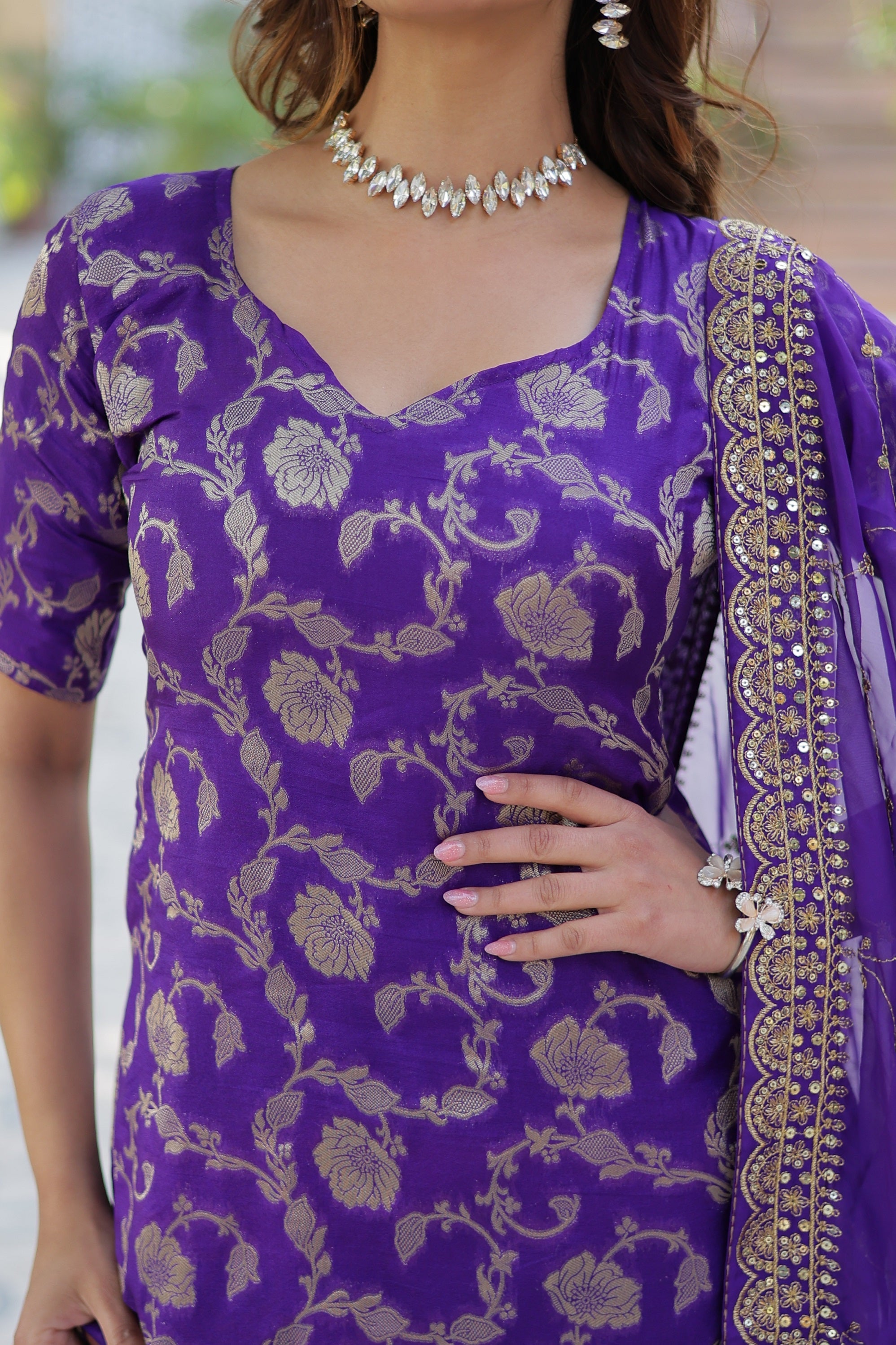 Vedant Vastram Heavy Embroidery & Sequins Work Pure Georgette Top Sharara Set With Dupatta - Violet