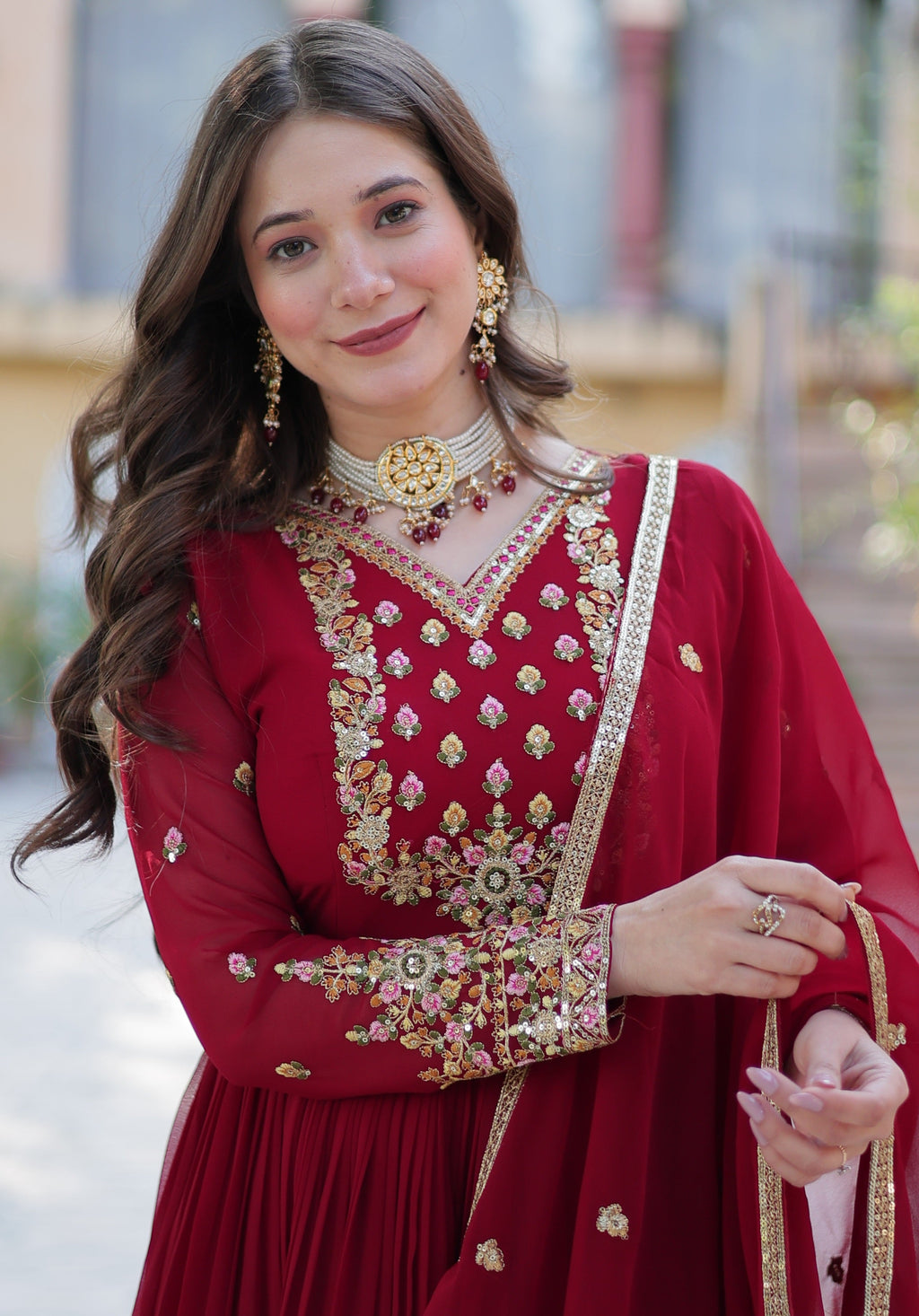Vedant Vastram Heavy Embroidery & Sequins Work Pure Georgette Gown With Dupatta - Maroon