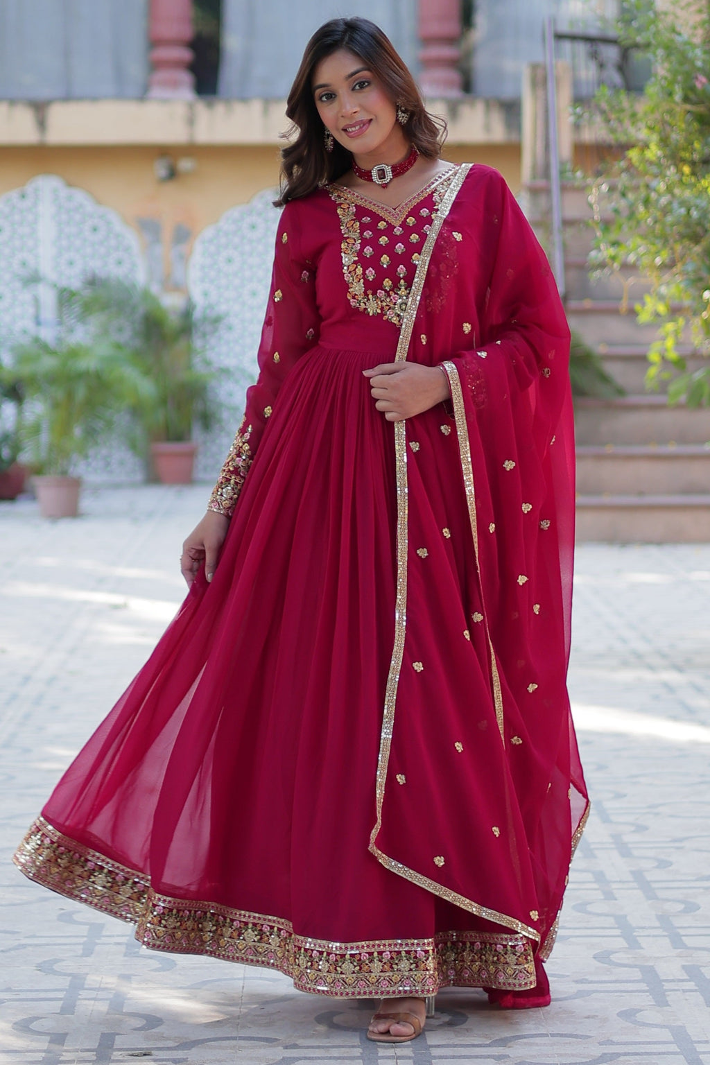 Vedant Vastram Heavy Embroidery & Sequins Work Pure Georgette Gown With Dupatta - Pink