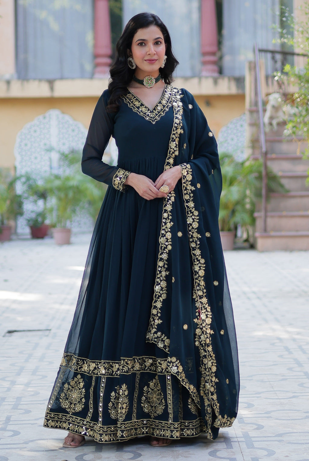Vedant Vastram Heavy Embroidery & Sequins Work Pure Georgette Gown With Dupatta - Rama Blue