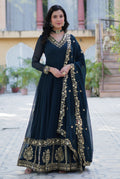 Vedant Vastram Heavy Embroidery & Sequins Work Pure Georgette Gown With Dupatta - Rama Blue