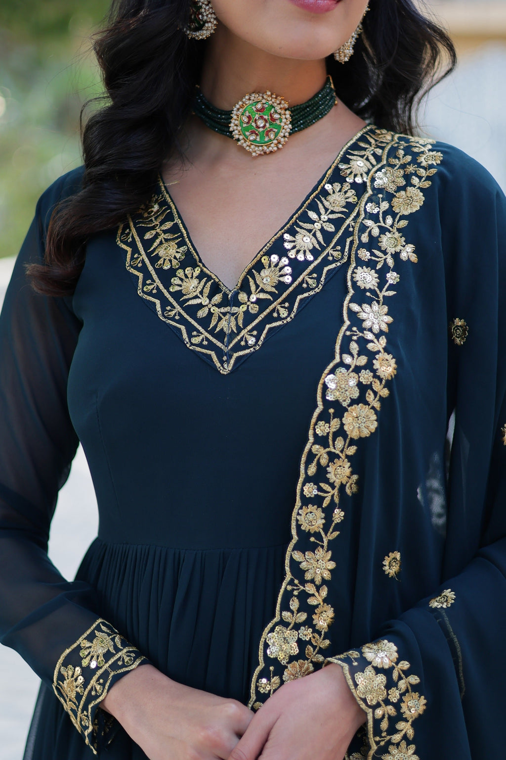 Vedant Vastram Heavy Embroidery & Sequins Work Pure Georgette Gown With Dupatta - Rama Blue