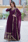 Vedant Vastram Heavy Embroidery & Sequins Work Pure Georgette Gown With Dupatta - Wine