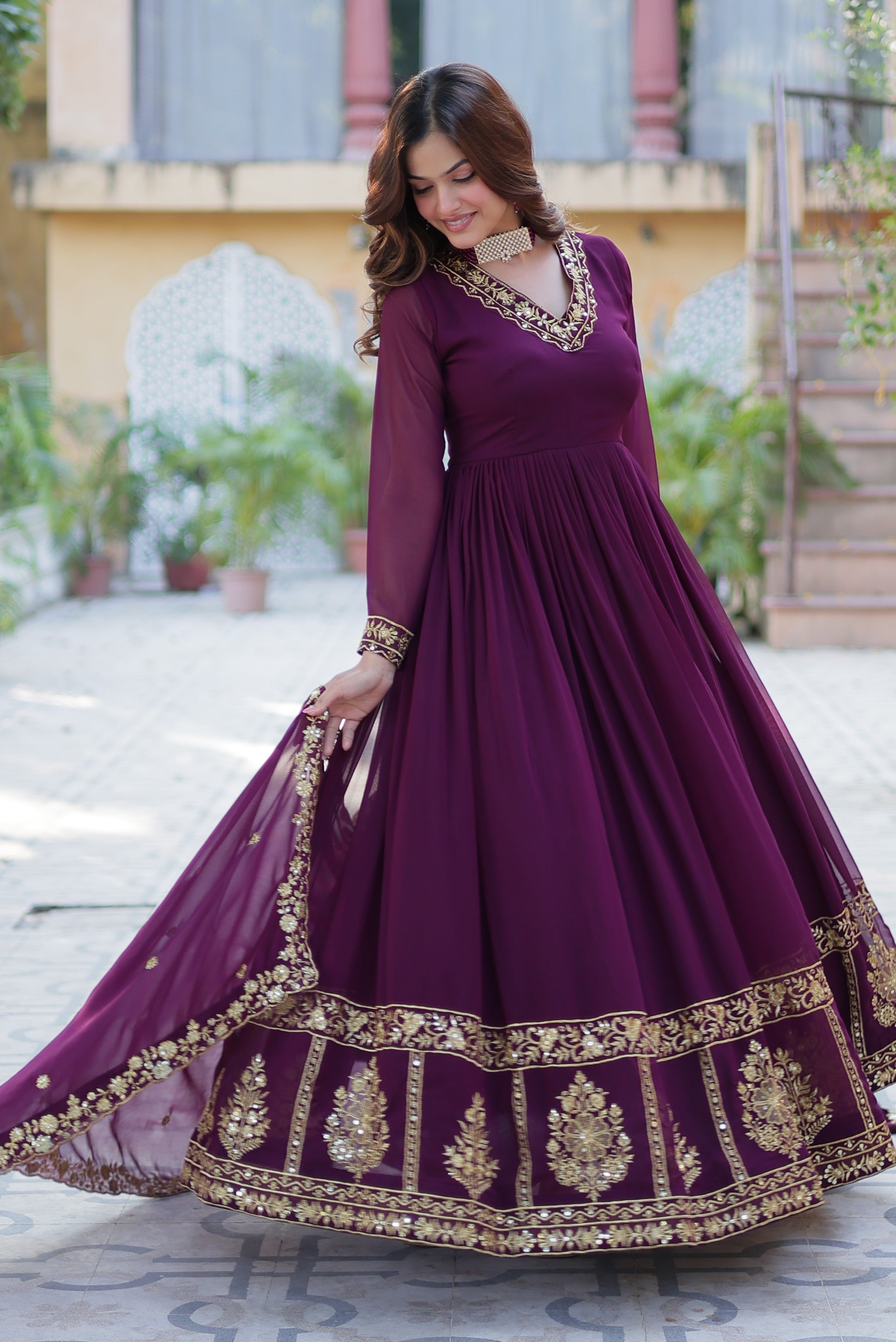 Vedant Vastram Heavy Embroidery & Sequins Work Pure Georgette Gown With Dupatta - Wine