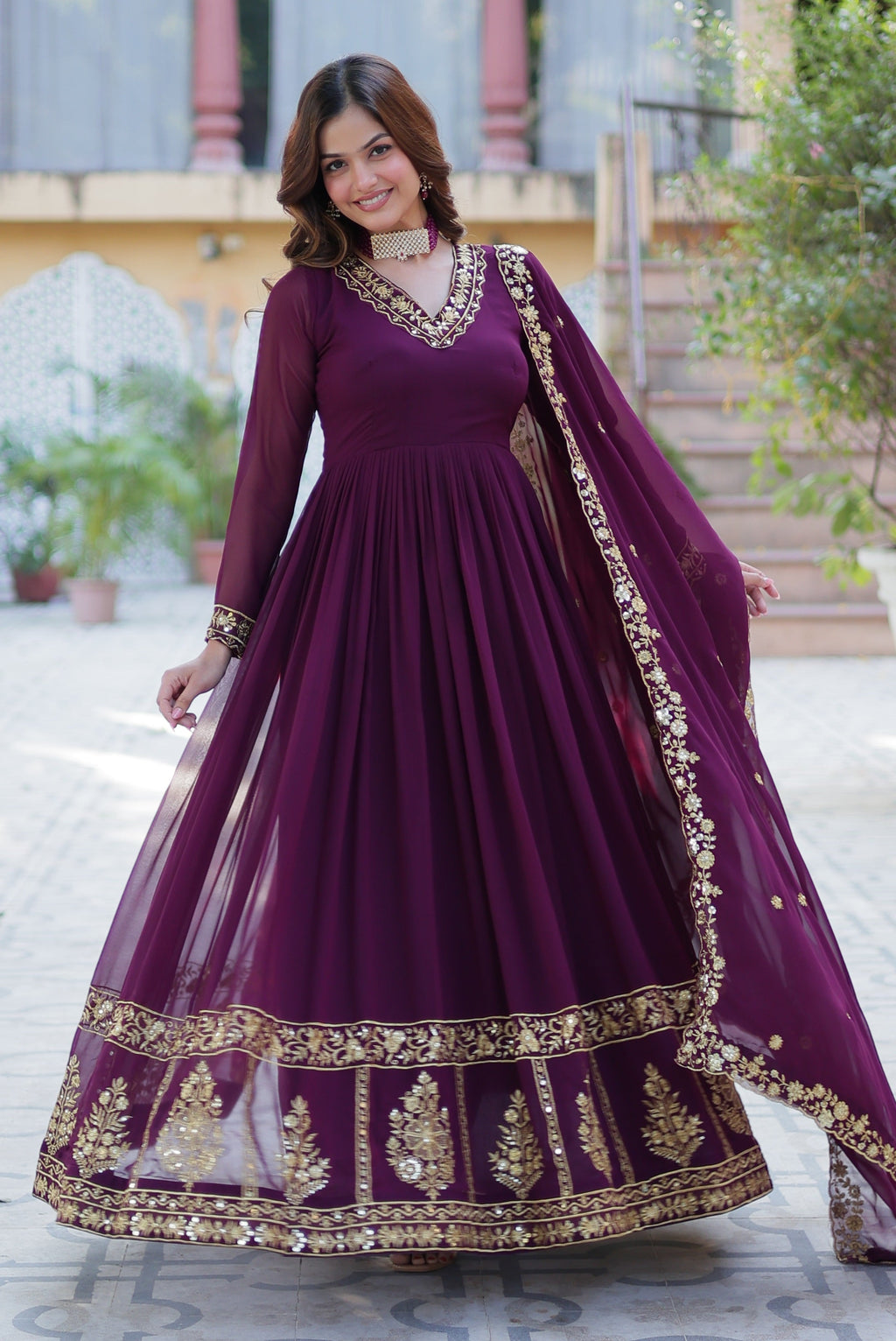 Vedant Vastram Heavy Embroidery & Sequins Work Pure Georgette Gown With Dupatta - Wine