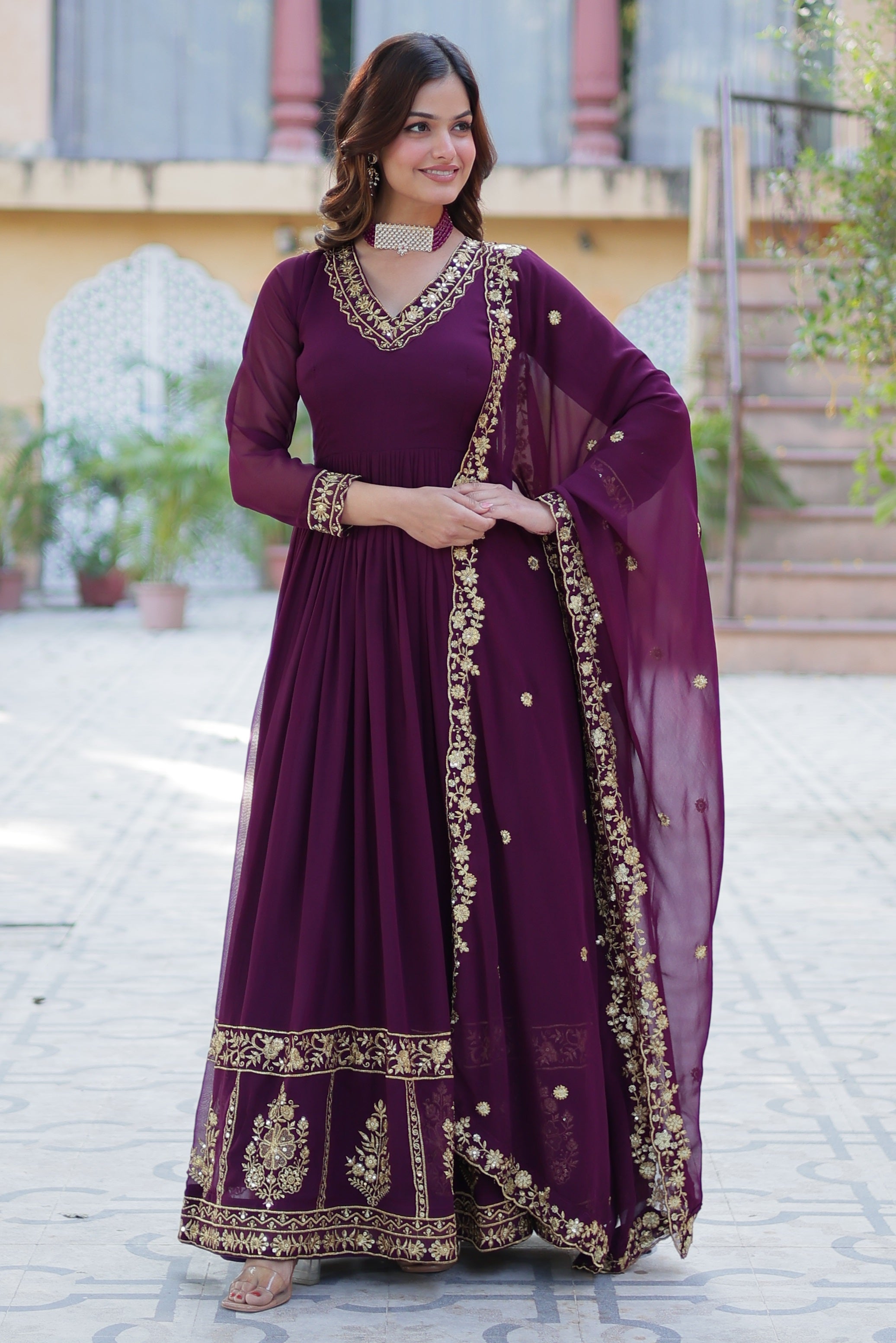 Vedant Vastram Heavy Embroidery & Sequins Work Pure Georgette Gown With Dupatta - Wine