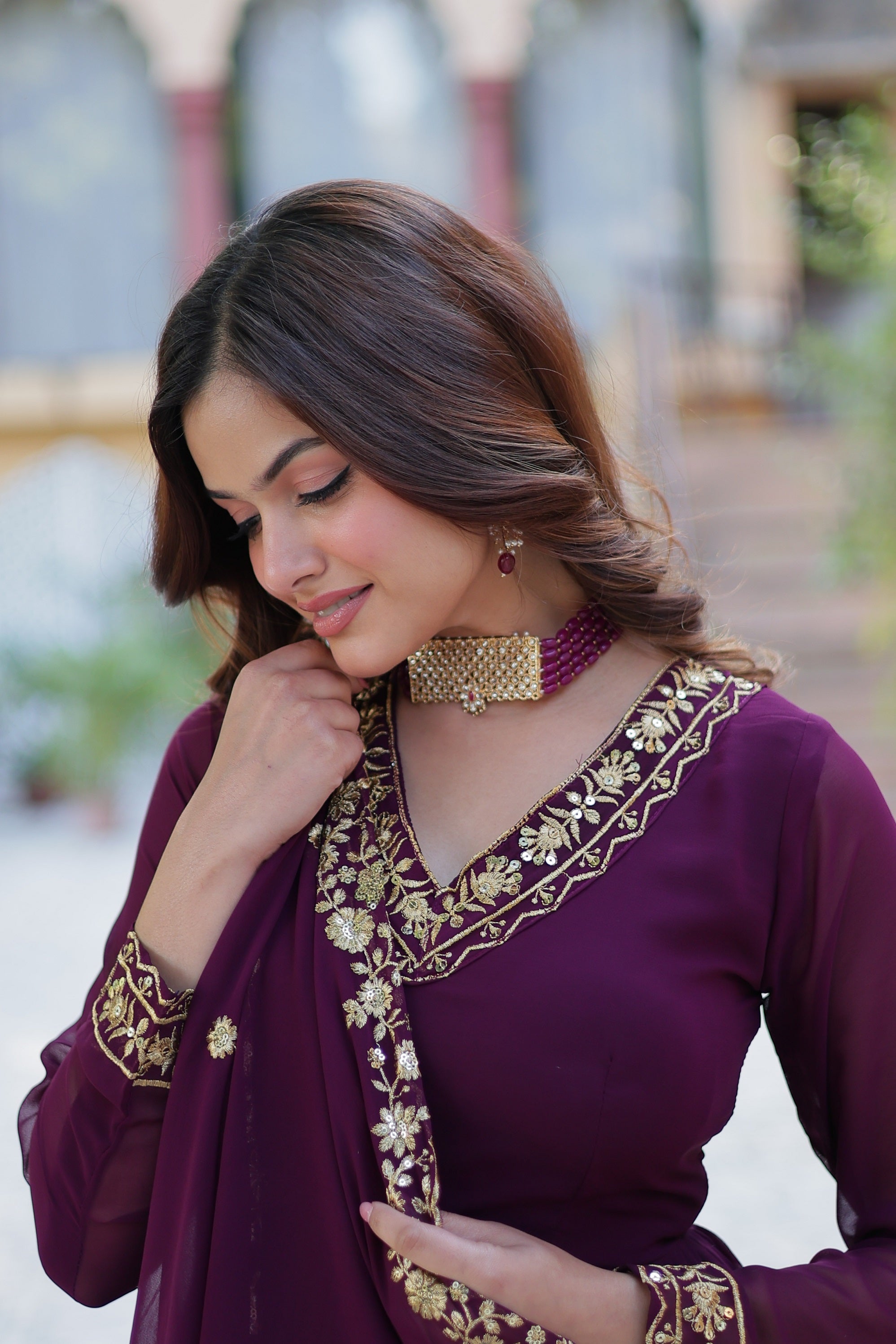 Vedant Vastram Heavy Embroidery & Sequins Work Pure Georgette Gown With Dupatta - Wine