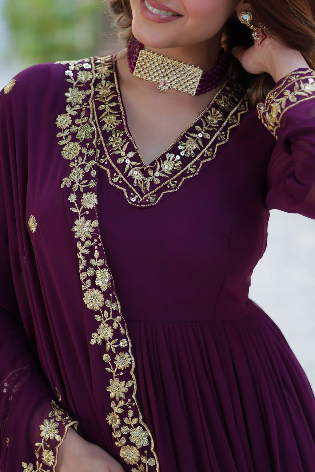 Vedant Vastram Heavy Embroidery & Sequins Work Pure Georgette Gown With Dupatta - Wine