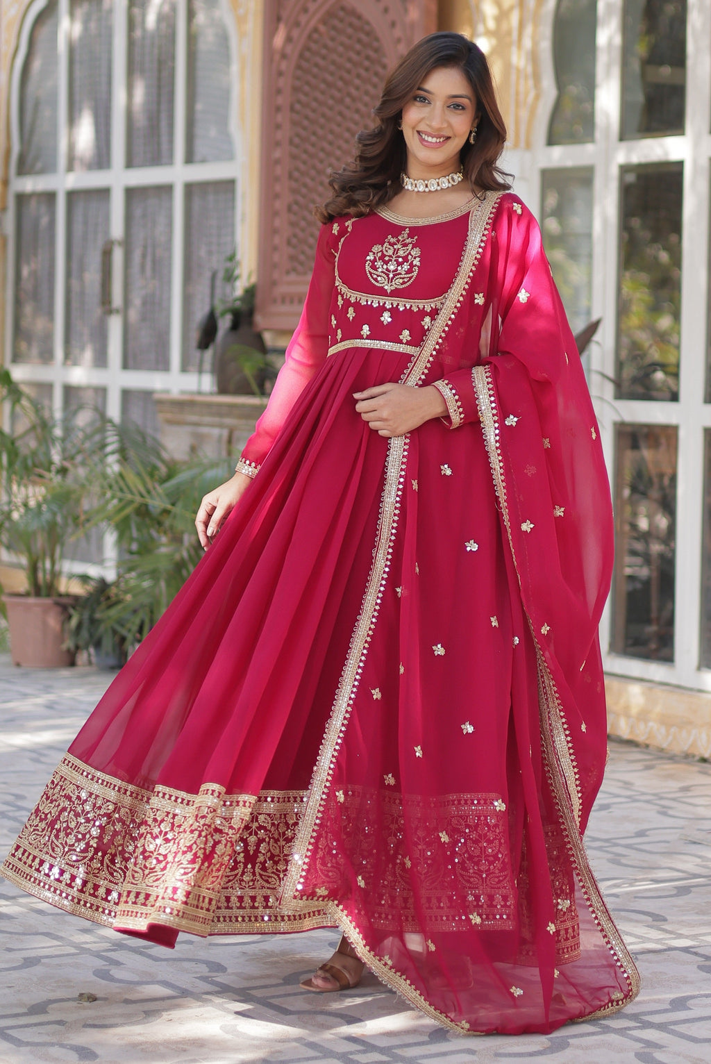 Vedant Vastram Heavy Embroidery & Sequins Work Pure Georgette Gown With Dupatta - Pink