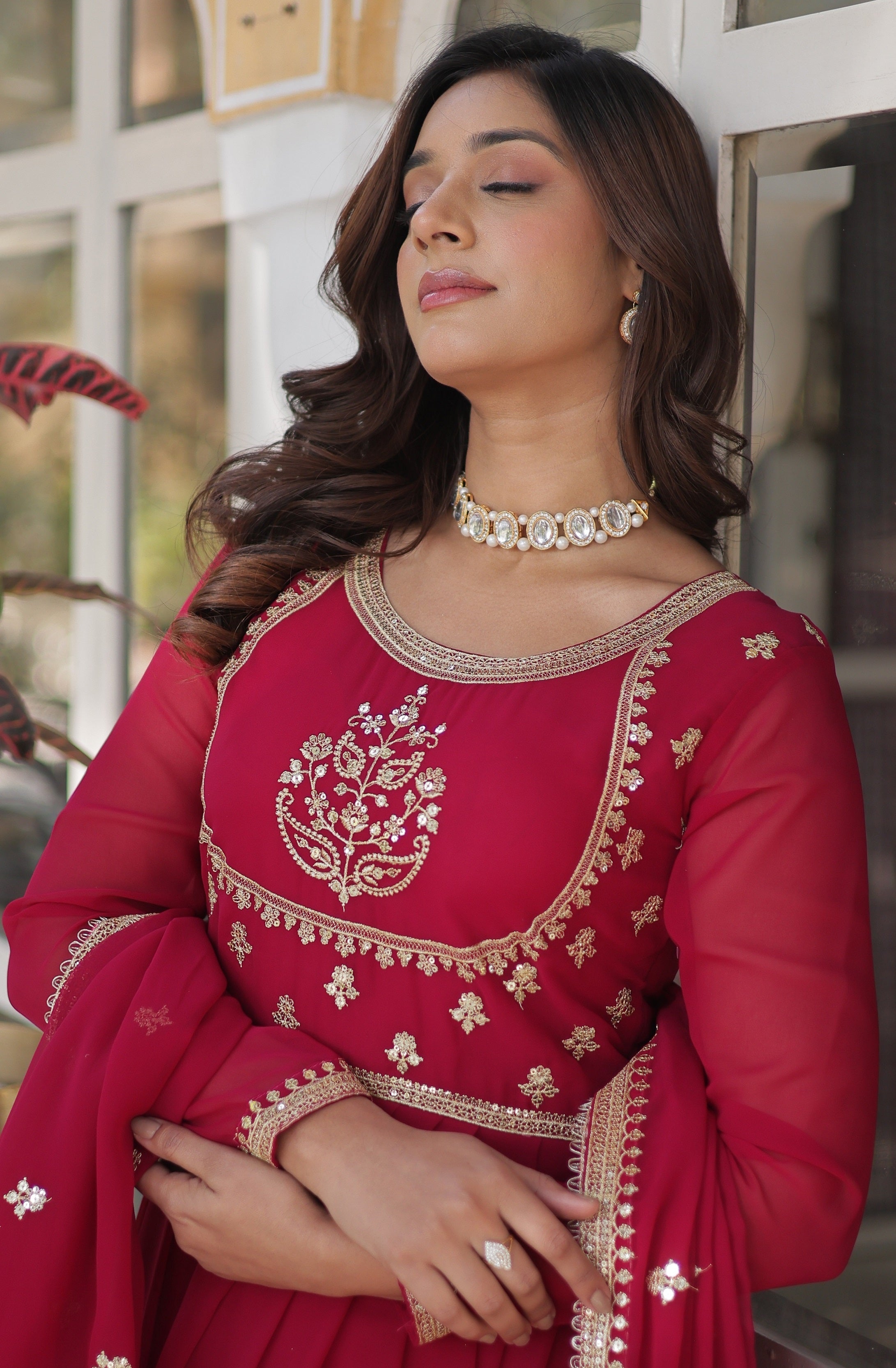 Vedant Vastram Heavy Embroidery & Sequins Work Pure Georgette Gown With Dupatta - Pink