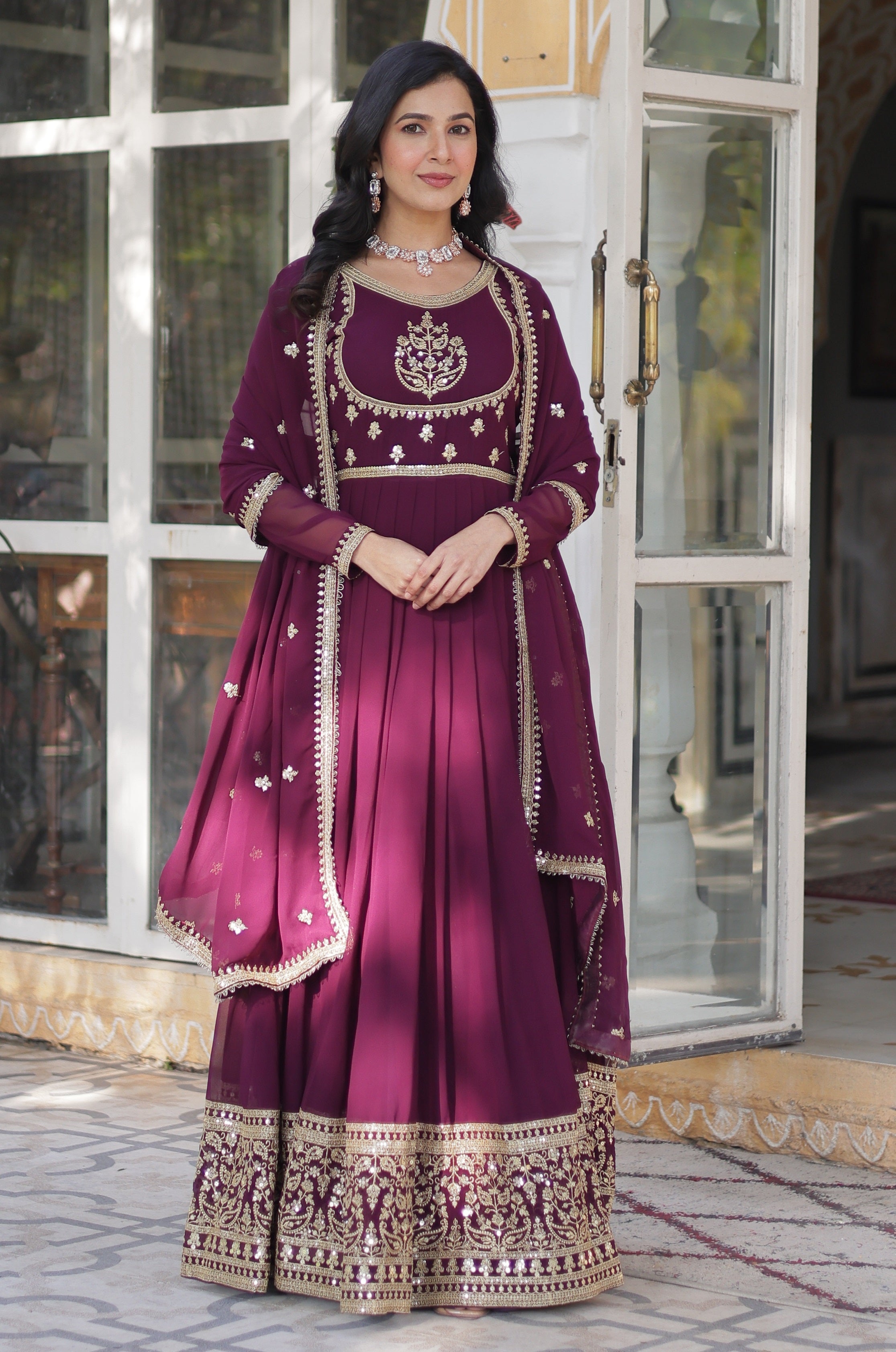 Vedant Vastram Heavy Embroidery & Sequins Work Pure Georgette Gown With Dupatta - Wine