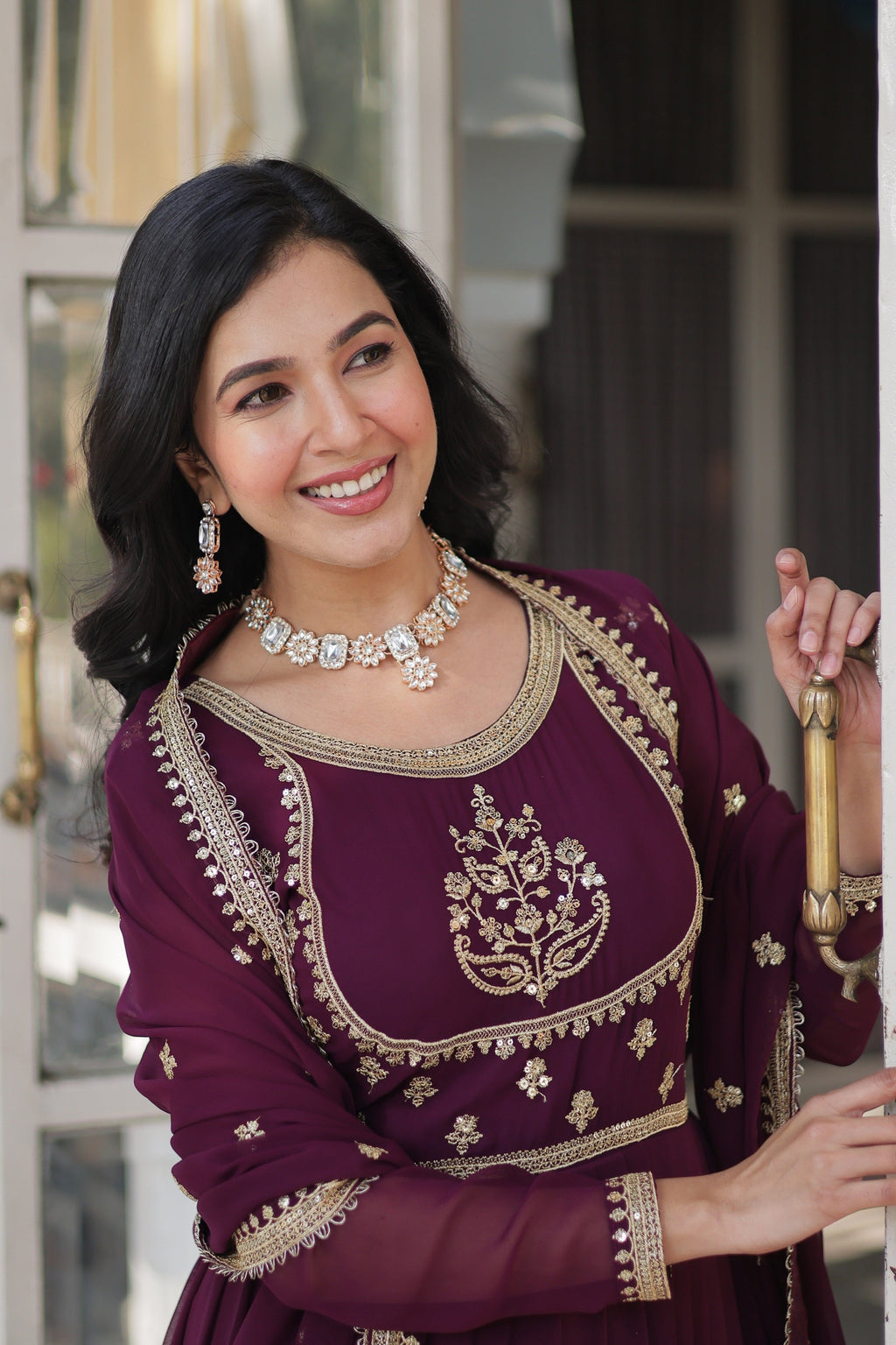 Vedant Vastram Heavy Embroidery & Sequins Work Pure Georgette Gown With Dupatta - Wine
