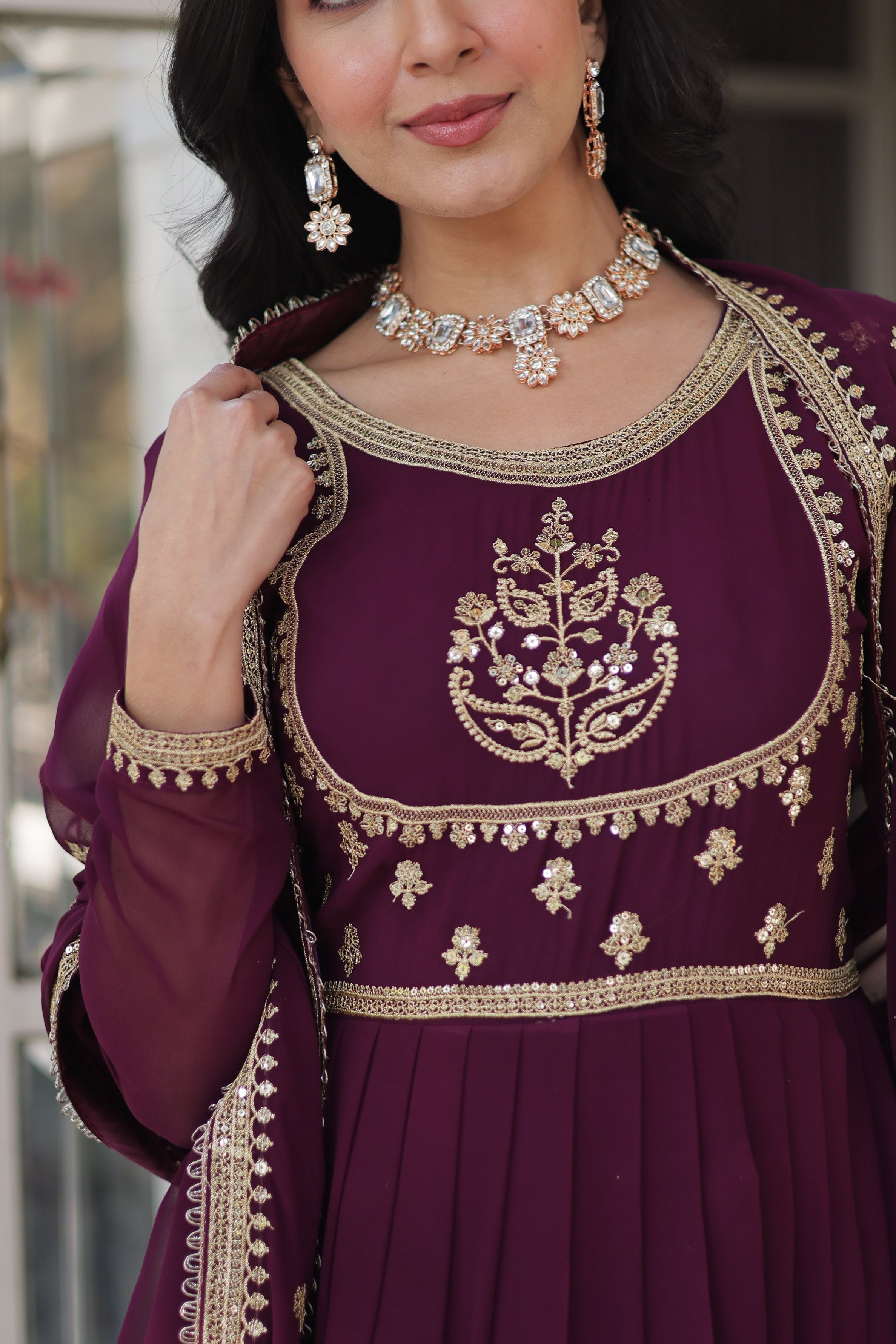 Vedant Vastram Heavy Embroidery & Sequins Work Pure Georgette Gown With Dupatta - Wine