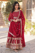 Vedant Vastram Heavy Embroidery & Sequins Work Pure Georgette Gown With Dupatta - Maroon