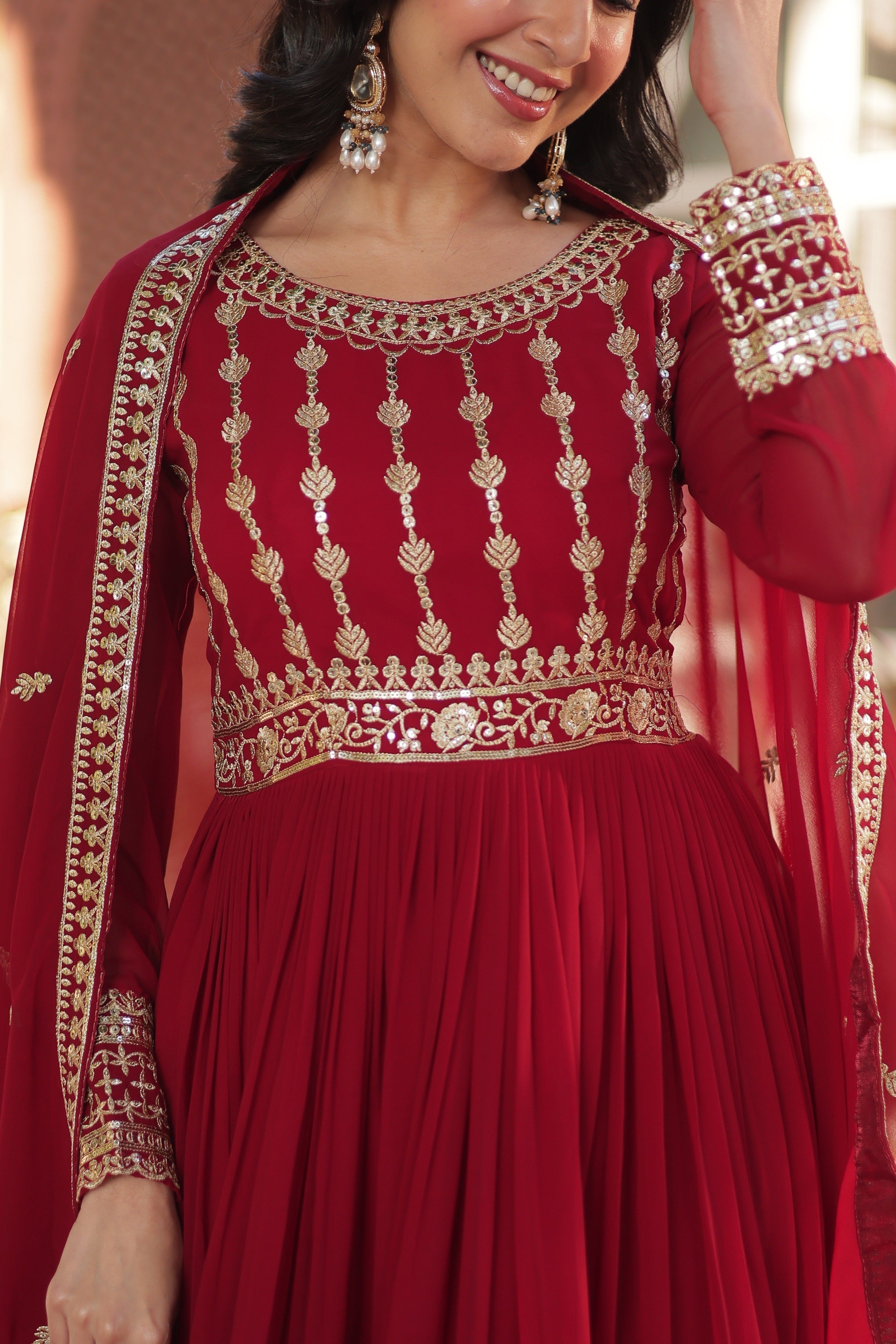 Vedant Vastram Heavy Embroidery & Sequins Work Pure Georgette Gown With Dupatta - Maroon