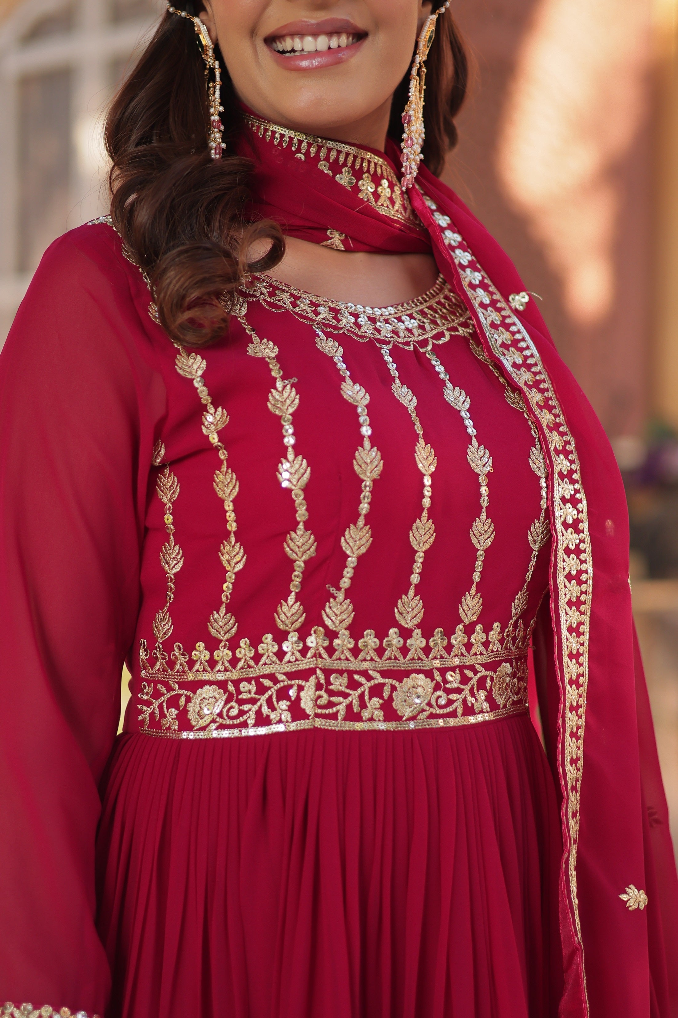 Vedant Vastram Heavy Embroidery & Sequins Work Pure Georgette Gown With Dupatta - Pink