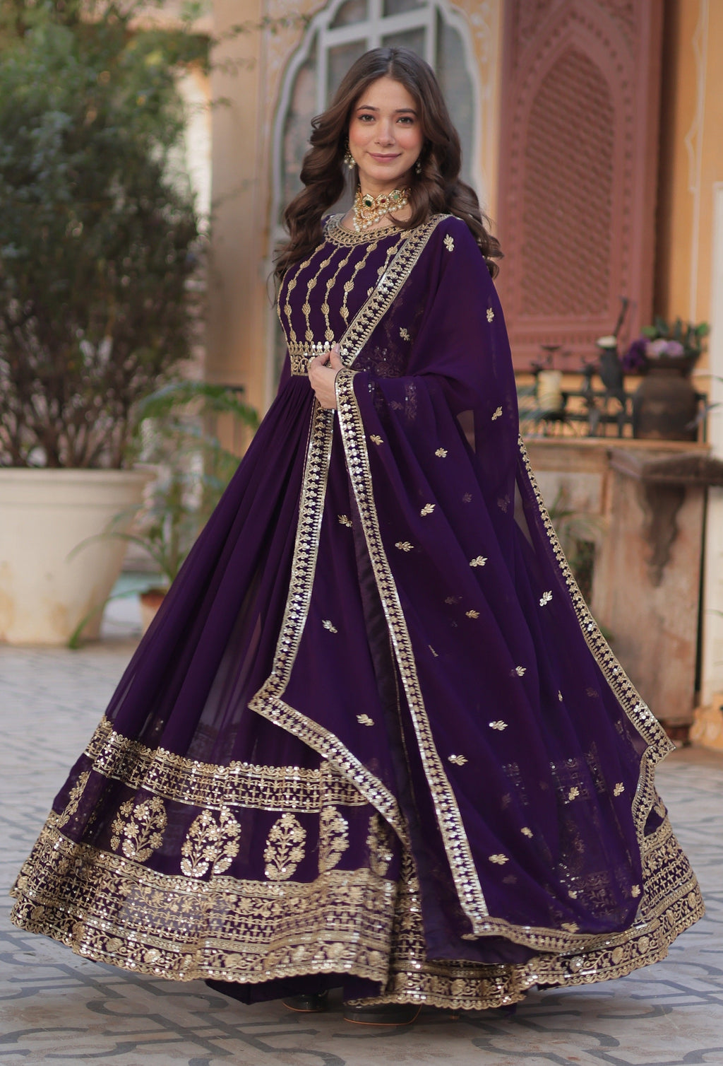 Vedant Vastram Heavy Embroidery & Sequins Work Pure Georgette Gown With Dupatta - Violet