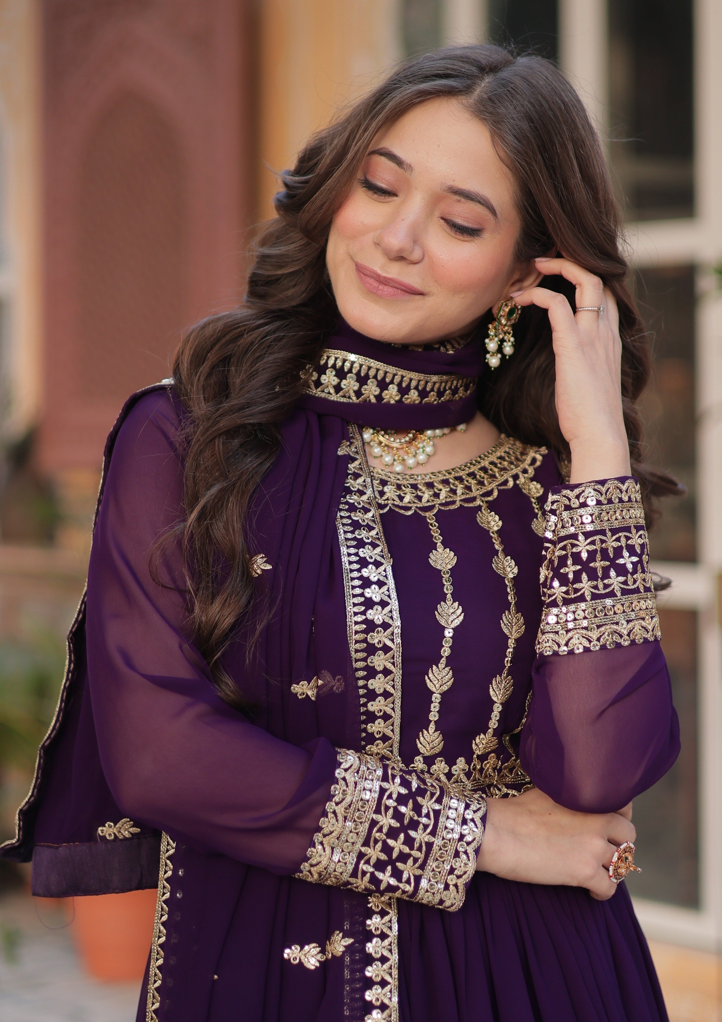 Vedant Vastram Heavy Embroidery & Sequins Work Pure Georgette Gown With Dupatta - Violet