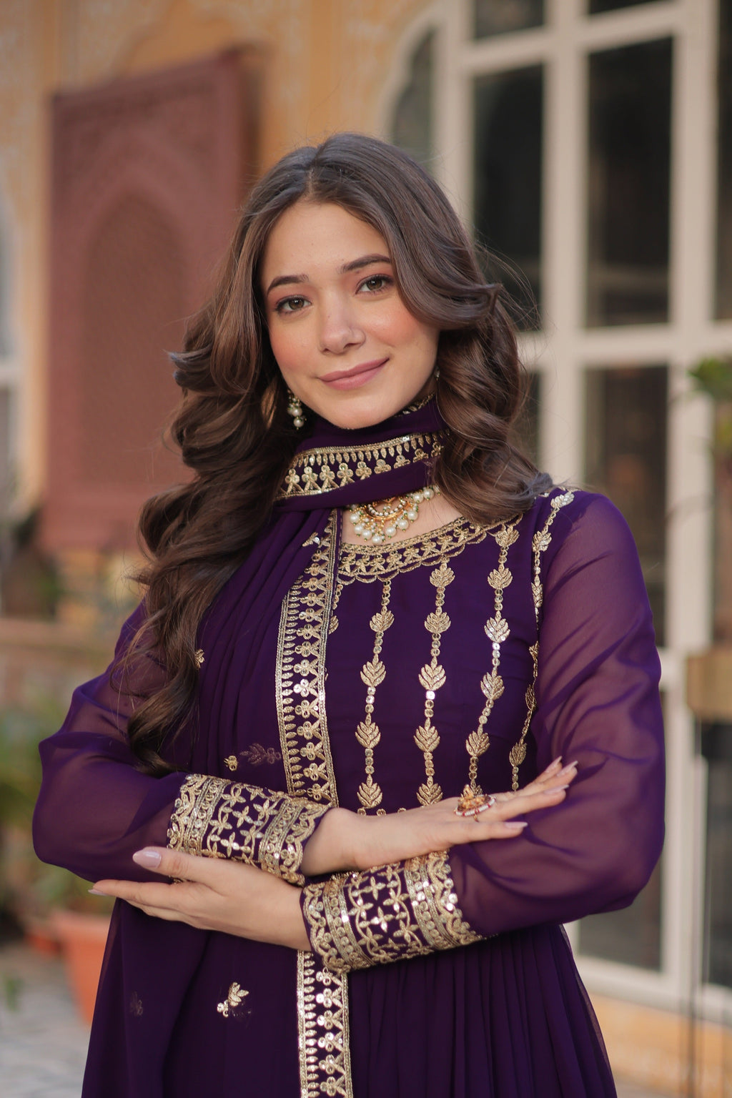 Vedant Vastram Heavy Embroidery & Sequins Work Pure Georgette Gown With Dupatta - Violet