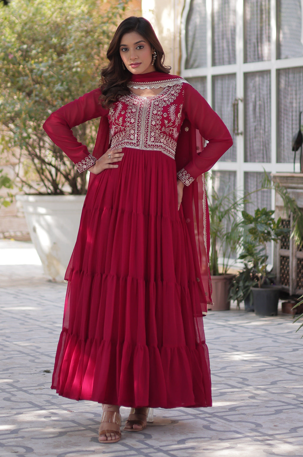Vedant Vastram Heavy Embroidery & Sequins Work Pure Georgette Gown With Dupatta - Pink