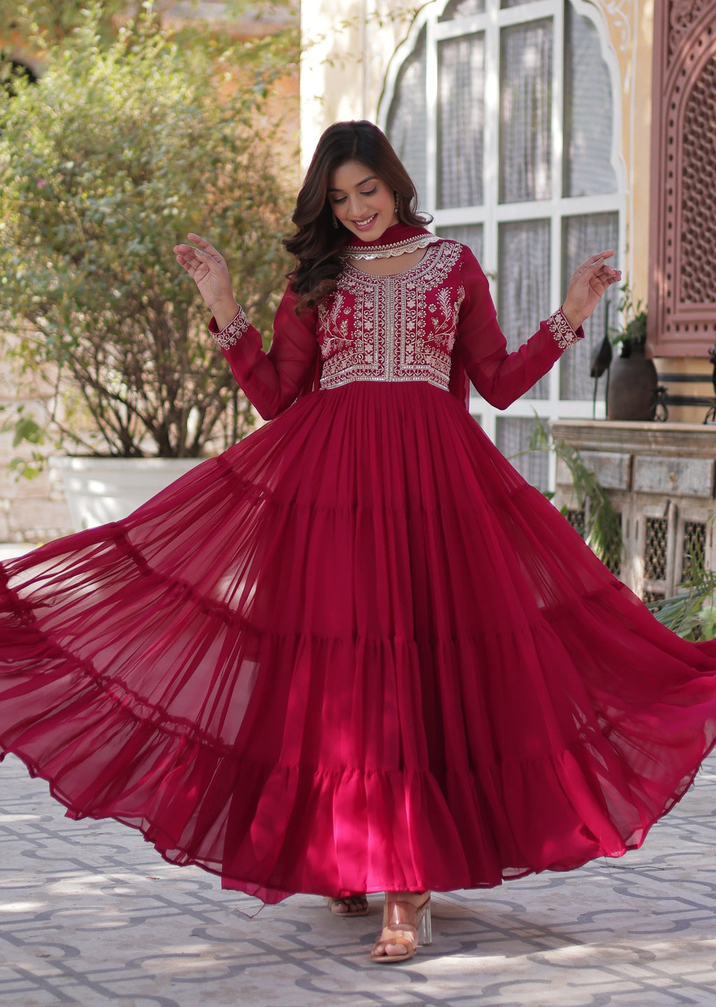 Vedant Vastram Heavy Embroidery & Sequins Work Pure Georgette Gown With Dupatta - Pink
