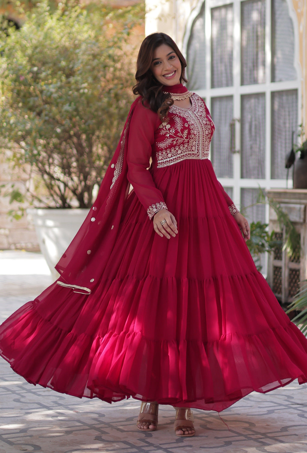 Vedant Vastram Heavy Embroidery & Sequins Work Pure Georgette Gown With Dupatta - Pink
