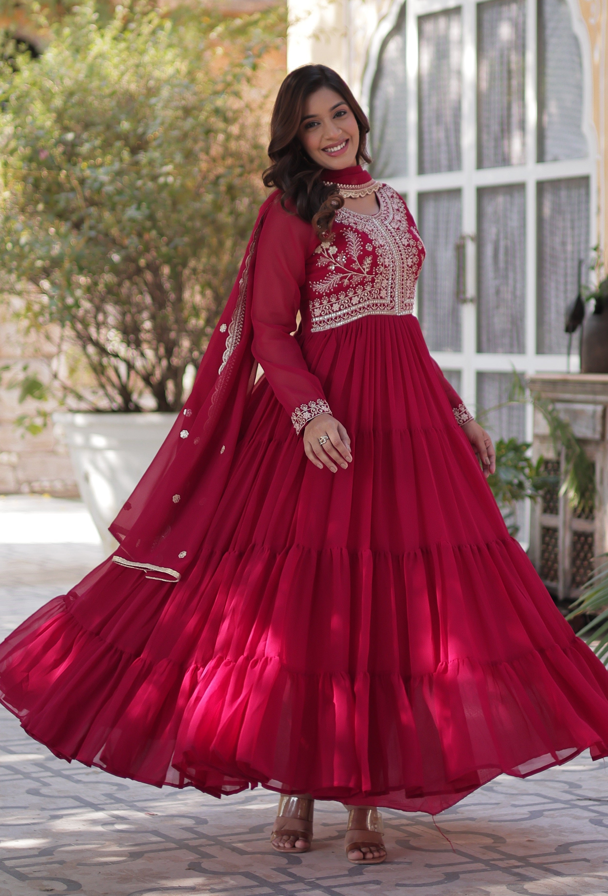 Vedant Vastram Heavy Embroidery & Sequins Work Pure Georgette Gown With Dupatta - Pink