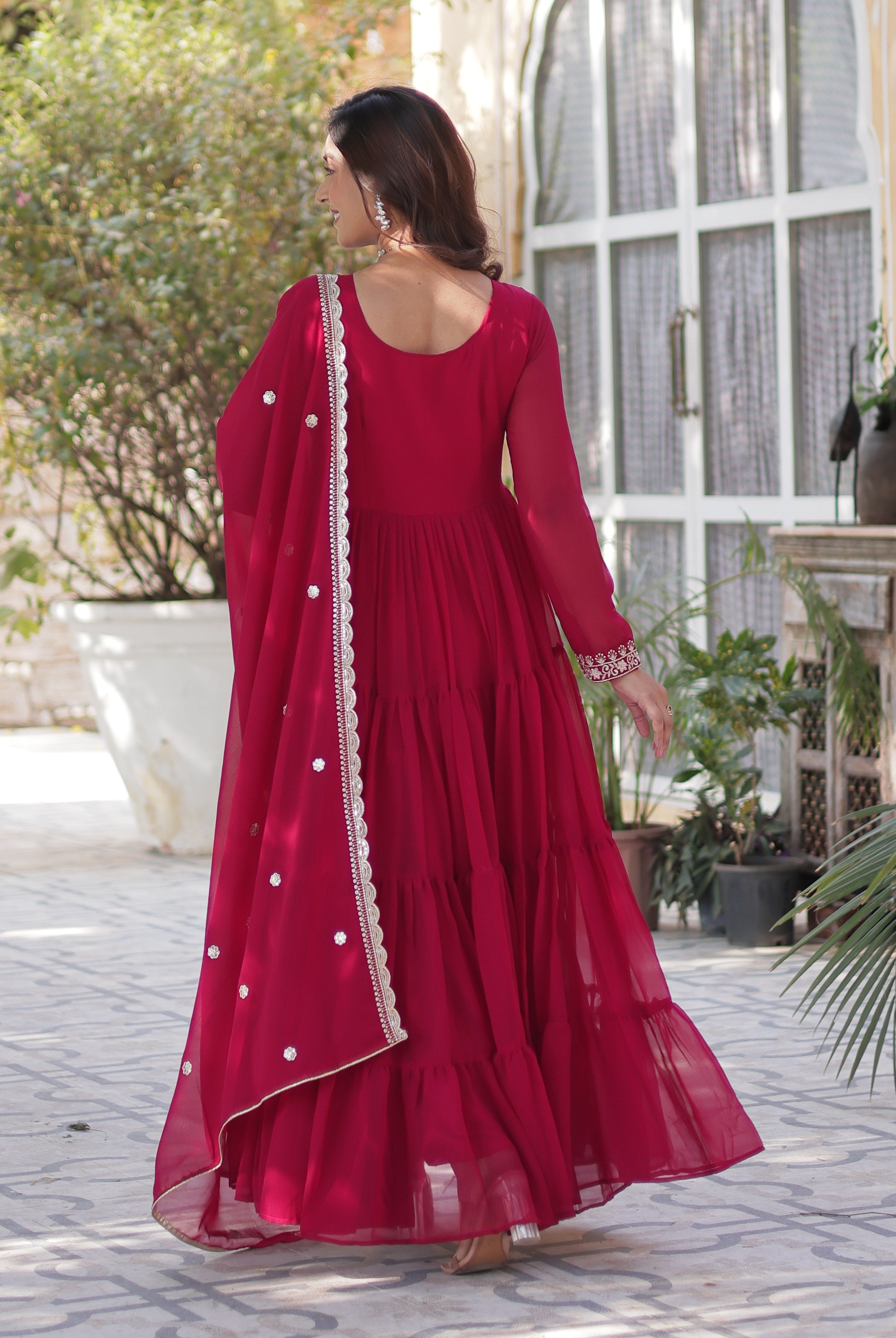Vedant Vastram Heavy Embroidery & Sequins Work Pure Georgette Gown With Dupatta - Pink