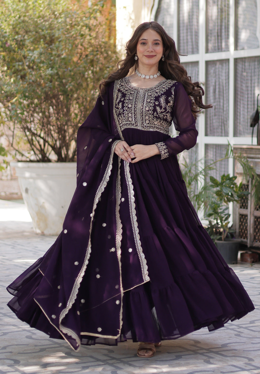 Vedant Vastram Heavy Embroidery & Sequins Work Pure Georgette Gown With Dupatta - Violet