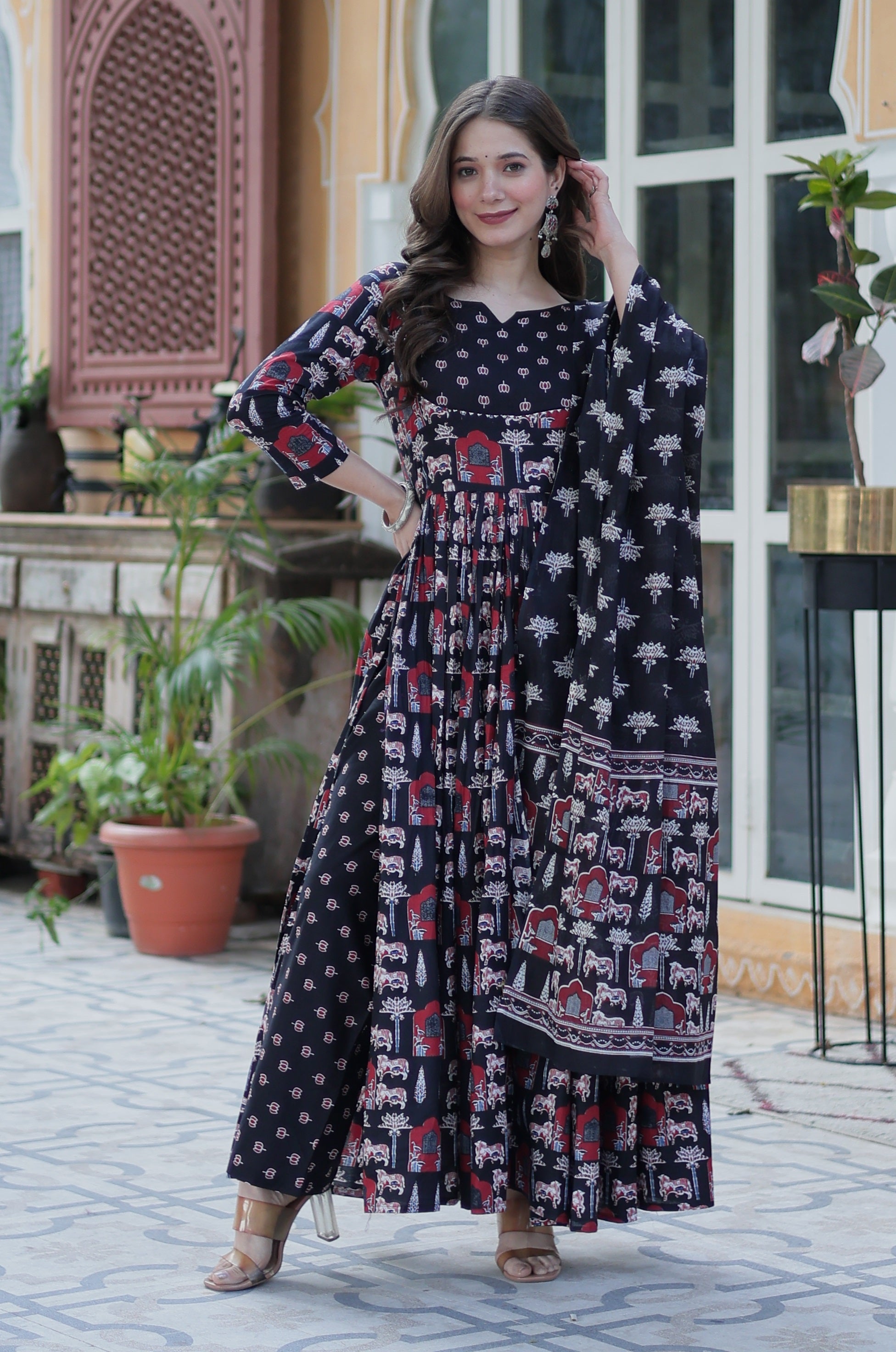 Vedant Vastram Printed Pure Cotton Kurti Pant Set With Dupatta - Black