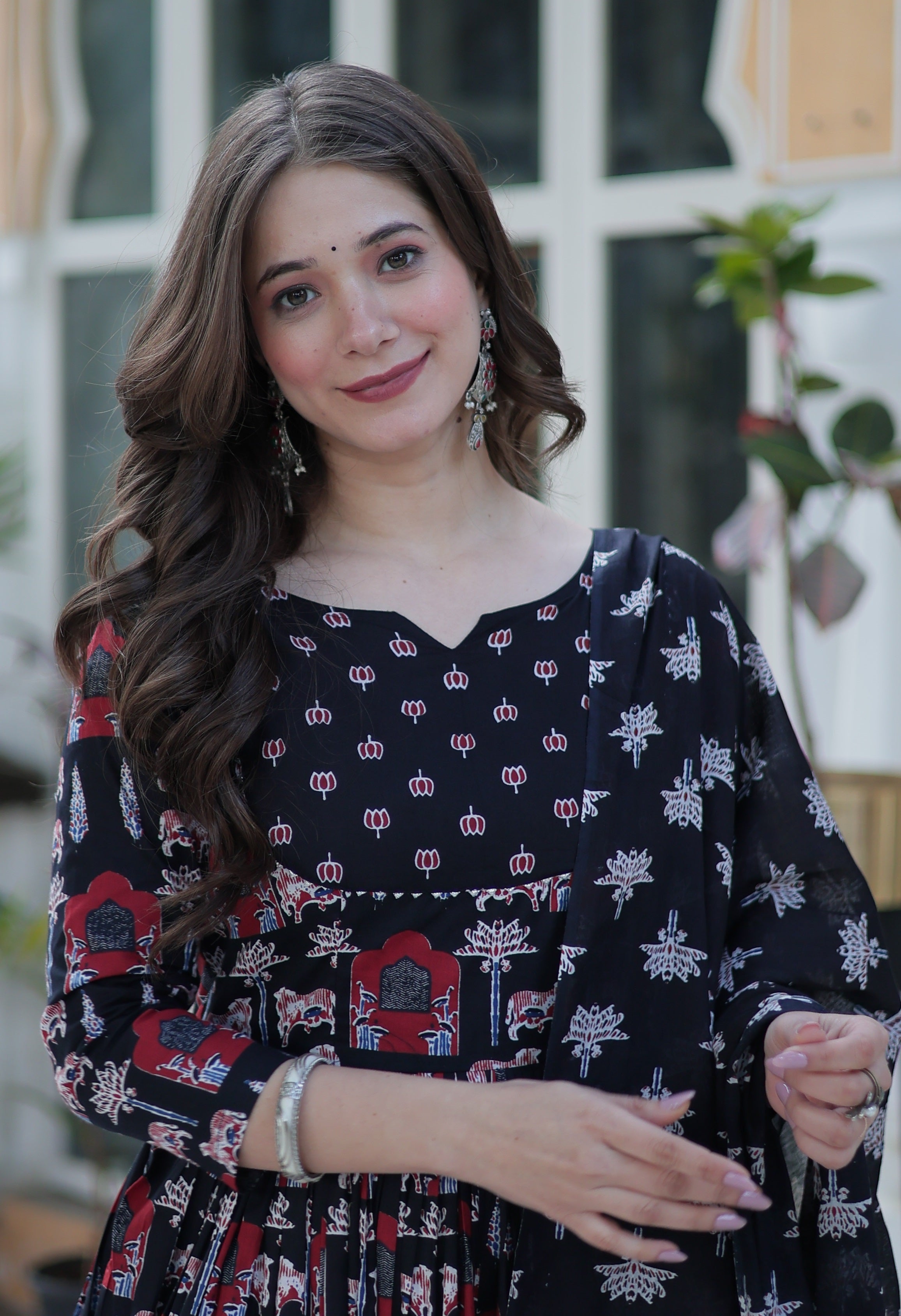 Vedant Vastram Printed Pure Cotton Kurti Pant Set With Dupatta - Black