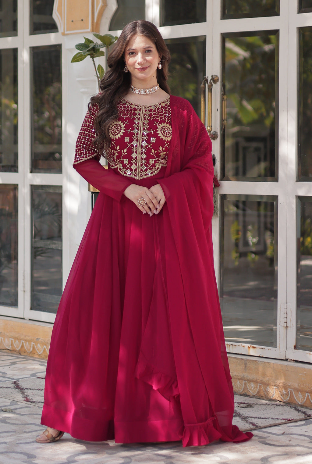 Vedant Vastram Heavy Embroidery & Sequins Work Pure Georgette Gown With Dupatta - Pink