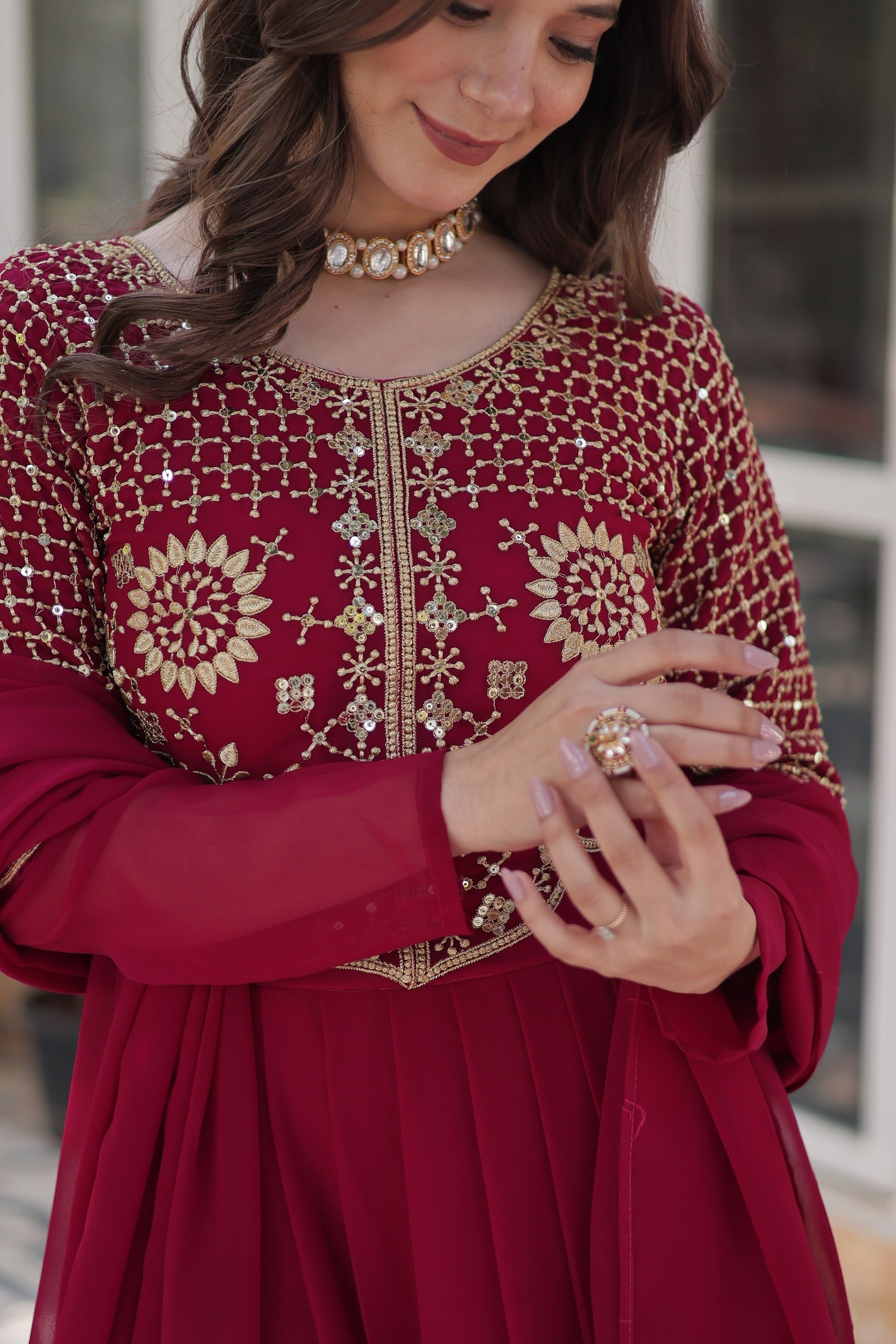 Vedant Vastram Heavy Embroidery & Sequins Work Pure Georgette Gown With Dupatta - Pink