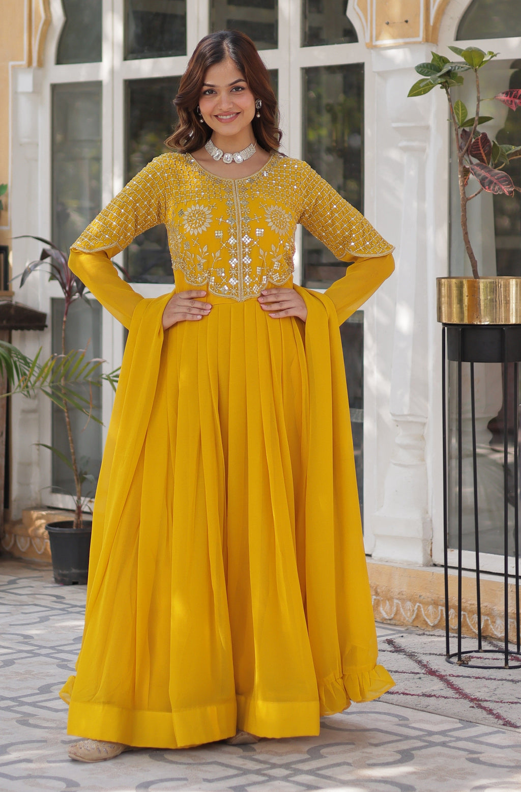 Vedant Vastram Heavy Embroidery & Sequins Work Pure Georgette Gown With Dupatta - Yellow
