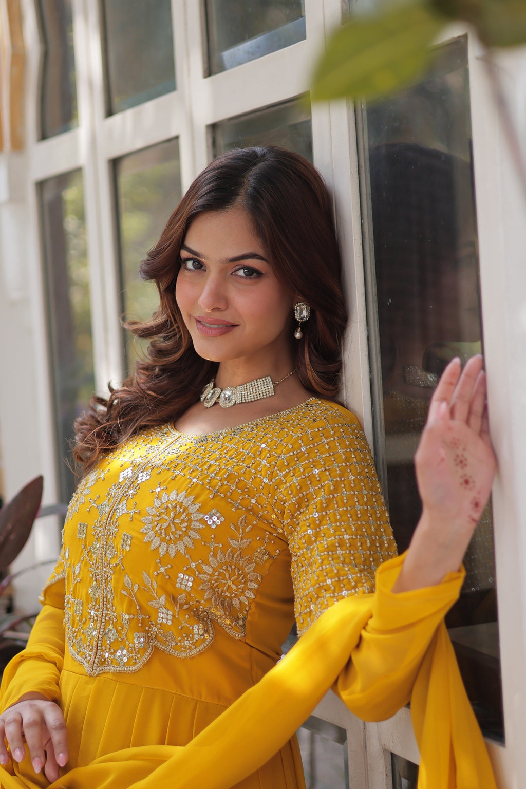 Vedant Vastram Heavy Embroidery & Sequins Work Pure Georgette Gown With Dupatta - Yellow
