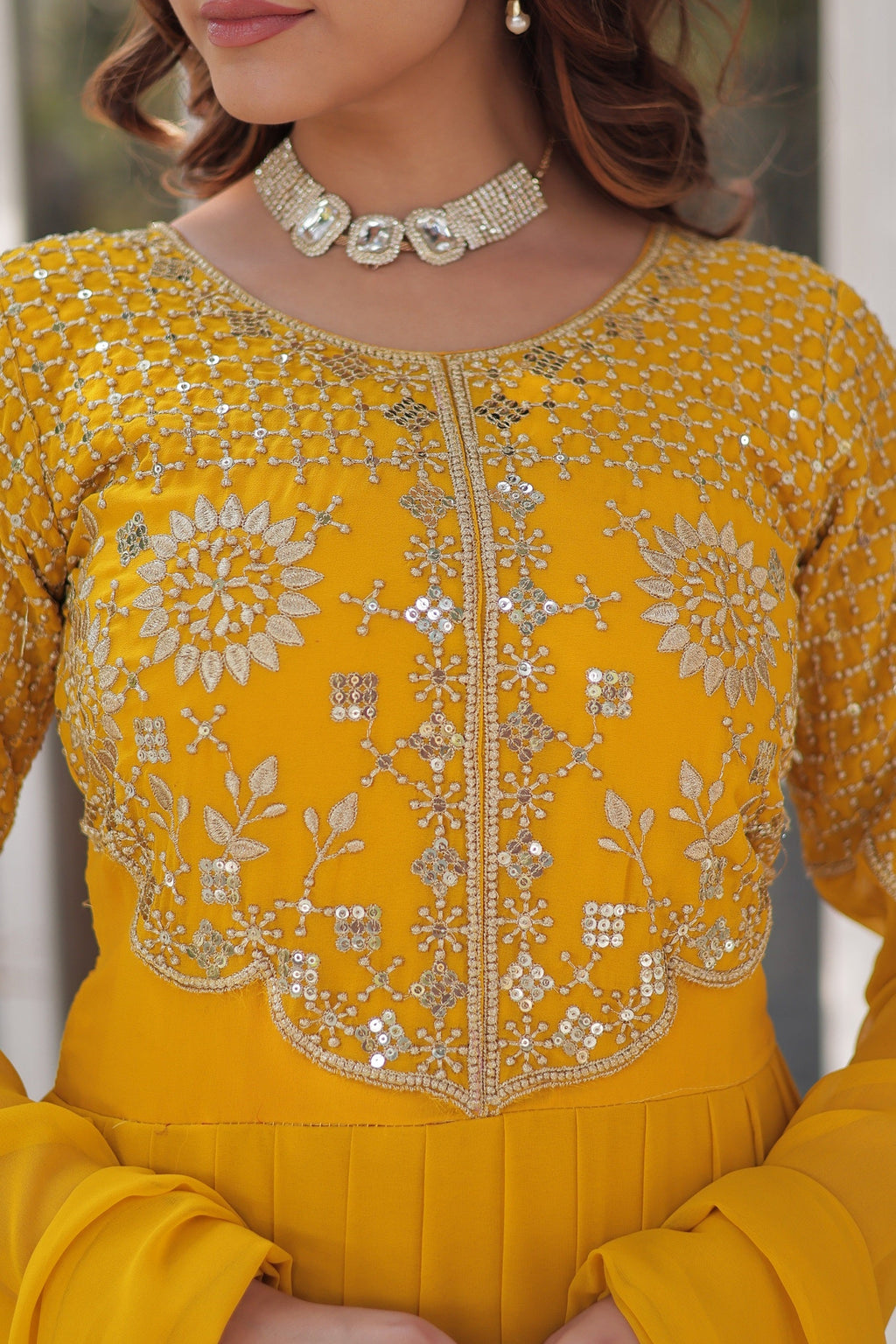Vedant Vastram Heavy Embroidery & Sequins Work Pure Georgette Gown With Dupatta - Yellow