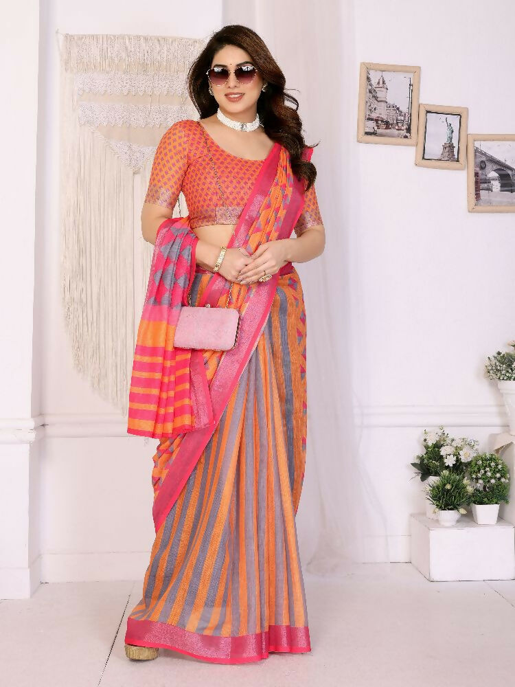 PR Fashion Orange Handloom Linen Cotton Zari Saree