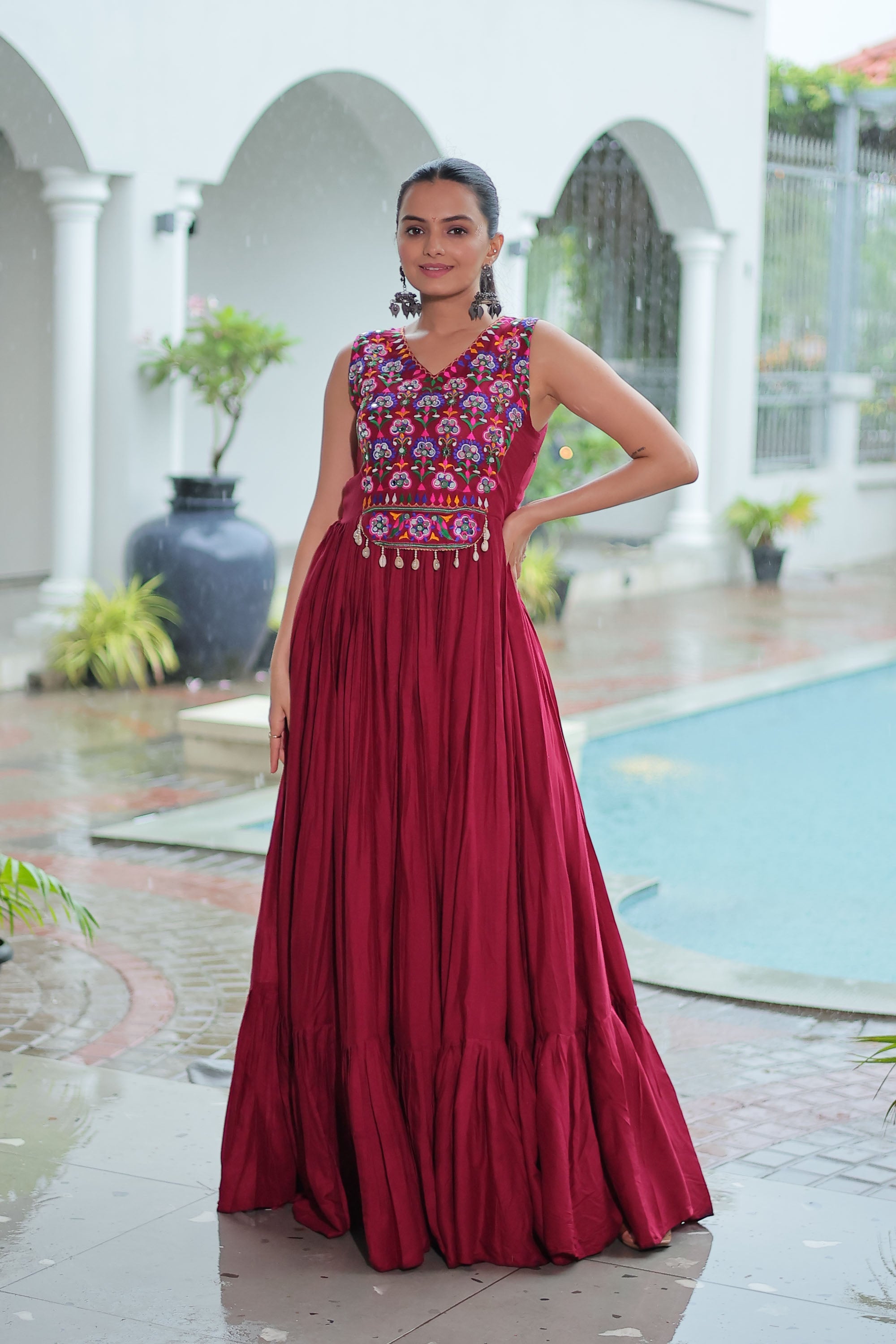 Lorenvalley Fashion Maroon Rayon Kutchi Gamthi Thread Embroidered & mirror Work Gown