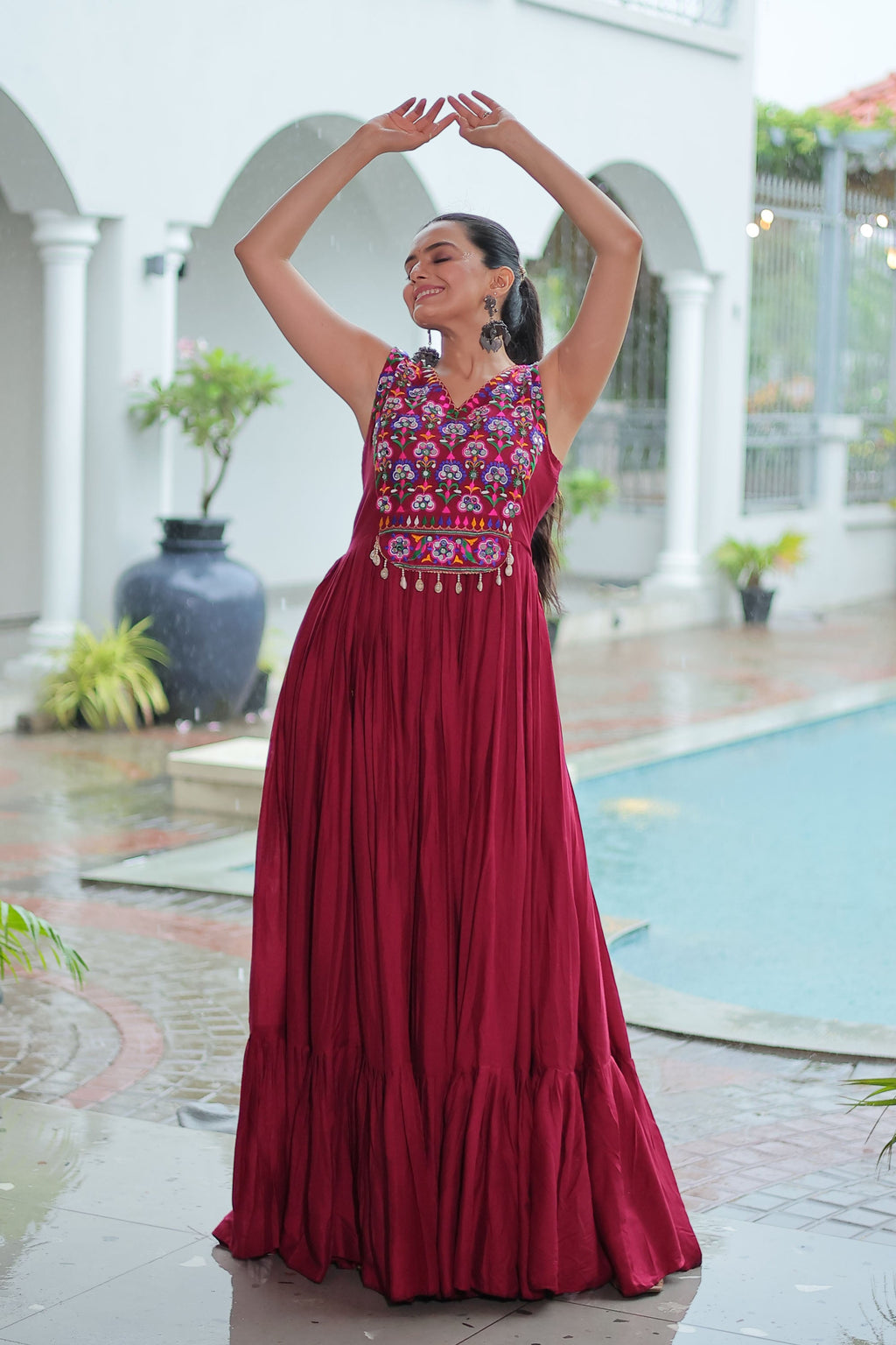 Lorenvalley Fashion Maroon Rayon Kutchi Gamthi Thread Embroidered & mirror Work Gown