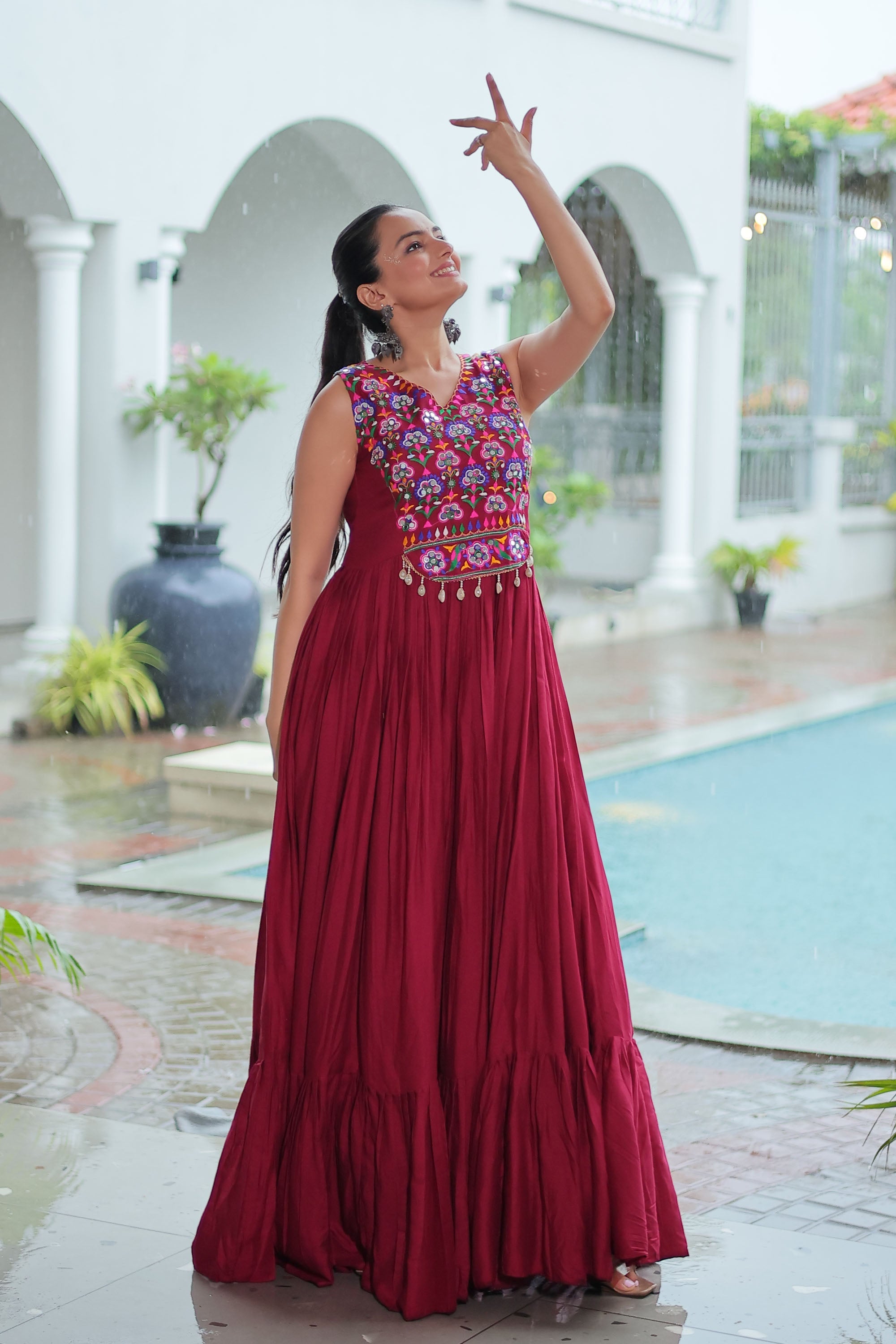 Lorenvalley Fashion Maroon Rayon Kutchi Gamthi Thread Embroidered & mirror Work Gown