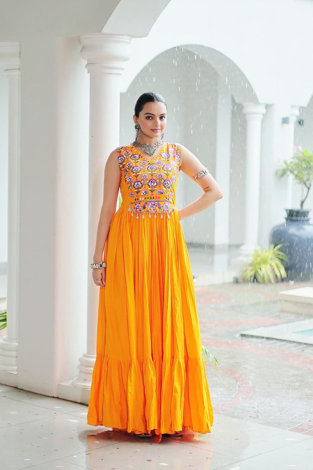 Lorenvalley Fashion Yellow Rayon Kutchi Gamthi Thread Embroidered & mirror Work Gown