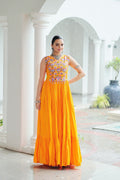Lorenvalley Fashion Yellow Rayon Kutchi Gamthi Thread Embroidered & mirror Work Gown