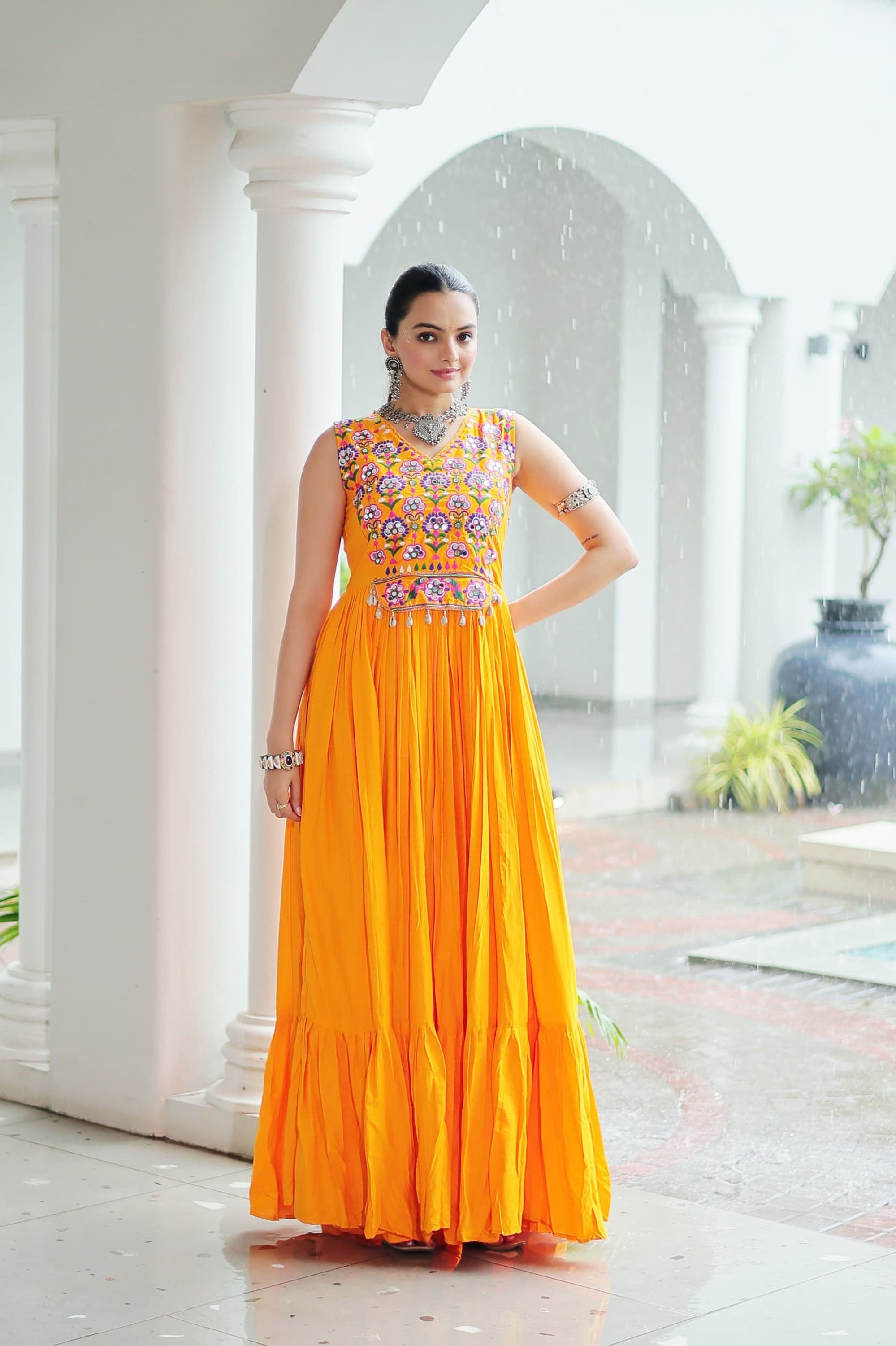Lorenvalley Fashion Yellow Rayon Kutchi Gamthi Thread Embroidered & mirror Work Gown
