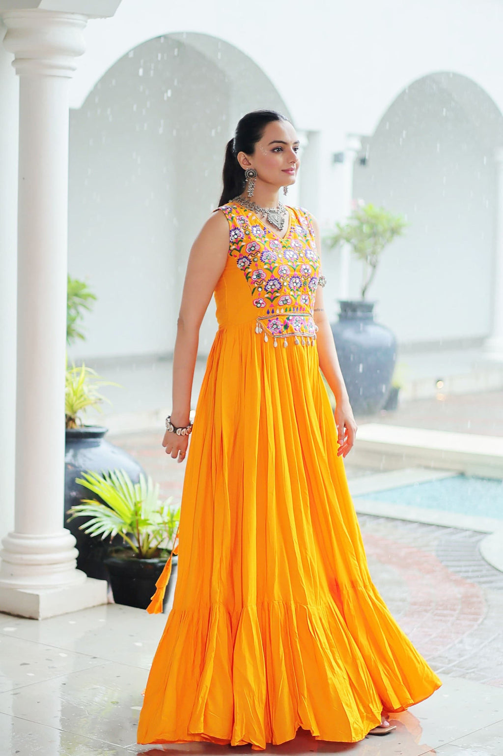 Lorenvalley Fashion Yellow Rayon Kutchi Gamthi Thread Embroidered & mirror Work Gown